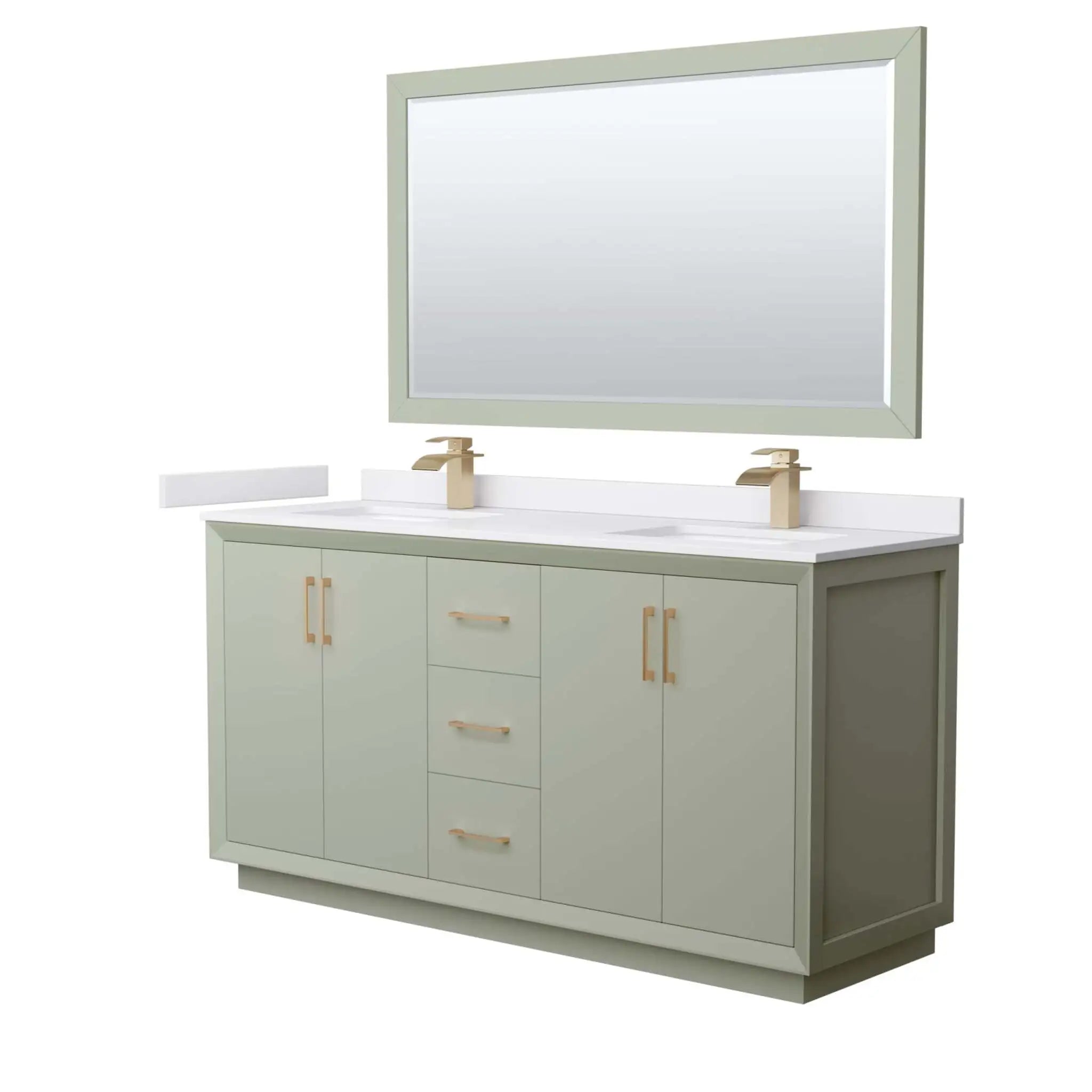 66" Strada Double Bathroom Vanity in Light Green with Satin Bronze Trim & 58" Mirror by Wyndham