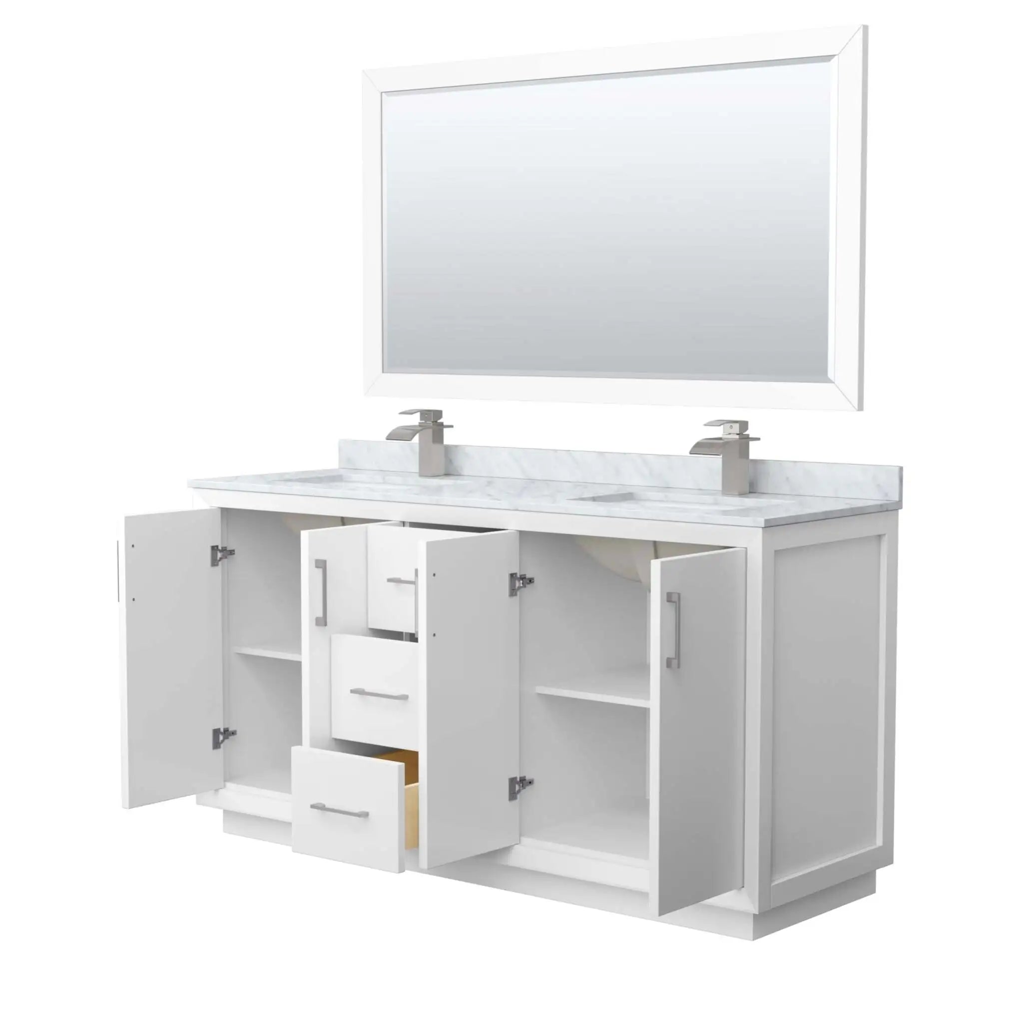 66" Strada Double Bathroom Vanity in White with Brushed Nickel Trim & 58" Mirror by Wyndham