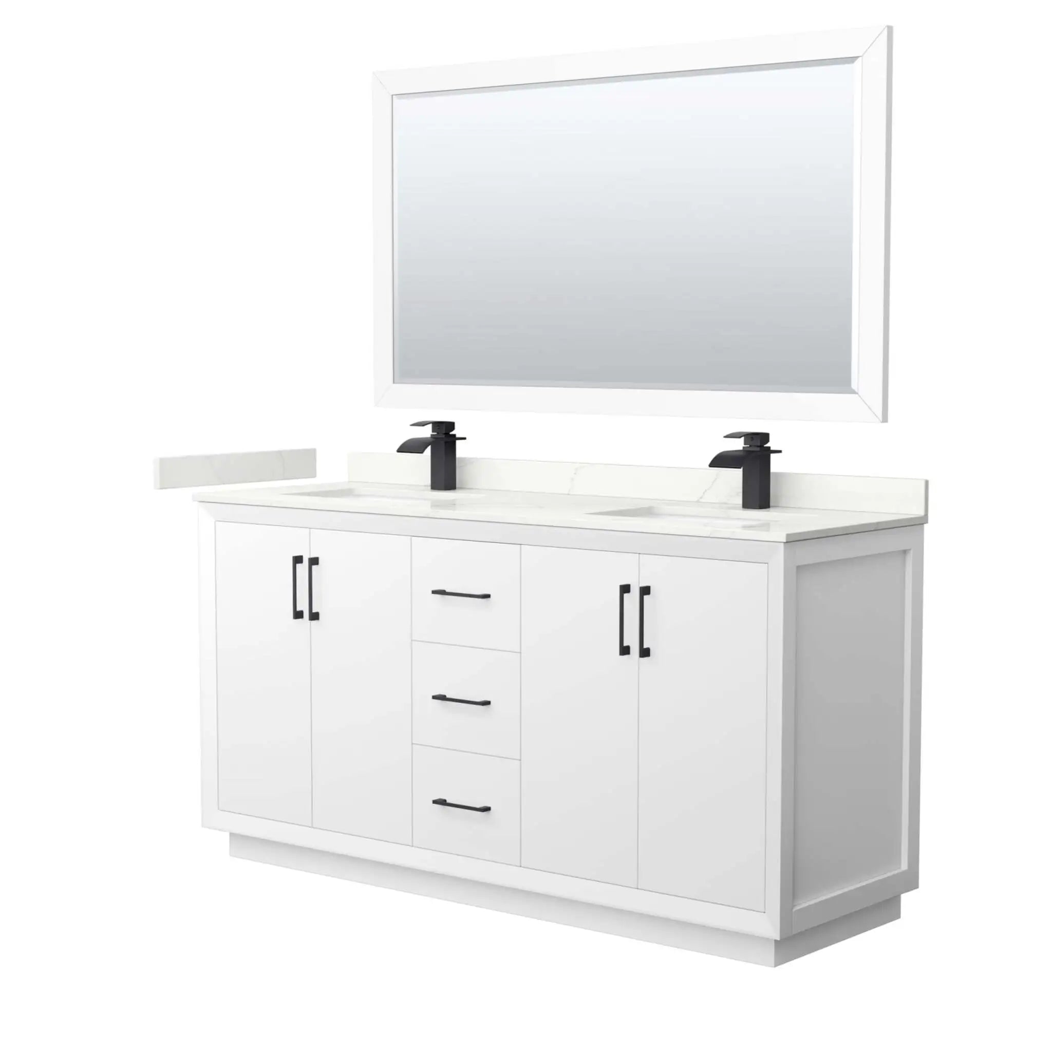 66" Strada Double Bathroom Vanity in White with Matte Black Trim & 58" Mirror by Wyndham