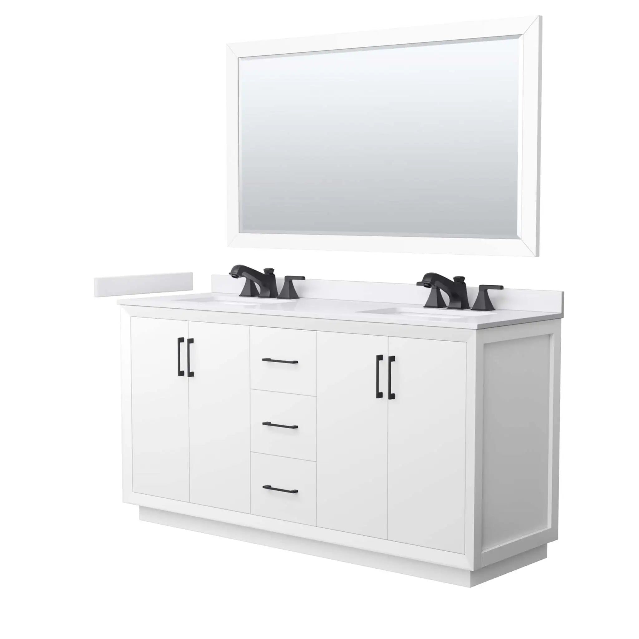 66" Strada Double Bathroom Vanity in White with Matte Black Trim & 58" Mirror by Wyndham