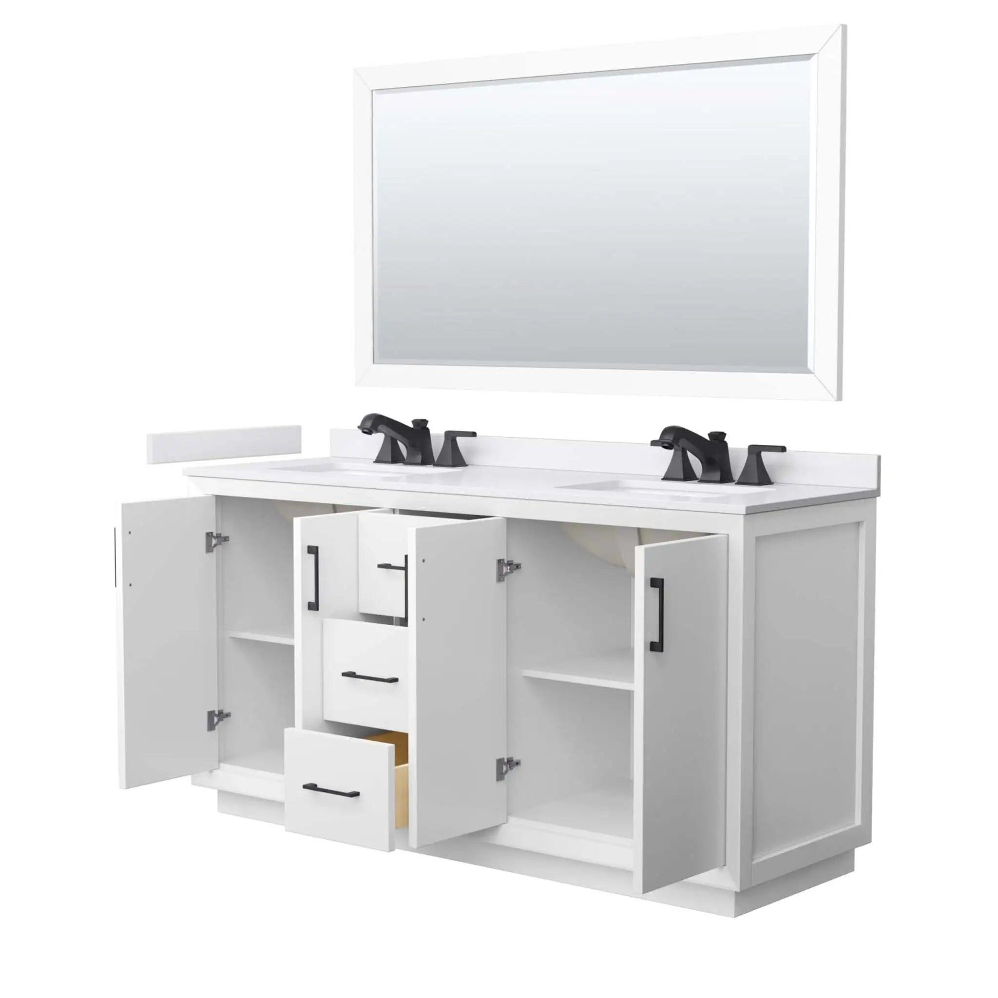66" Strada Double Bathroom Vanity in White with Matte Black Trim & 58" Mirror by Wyndham