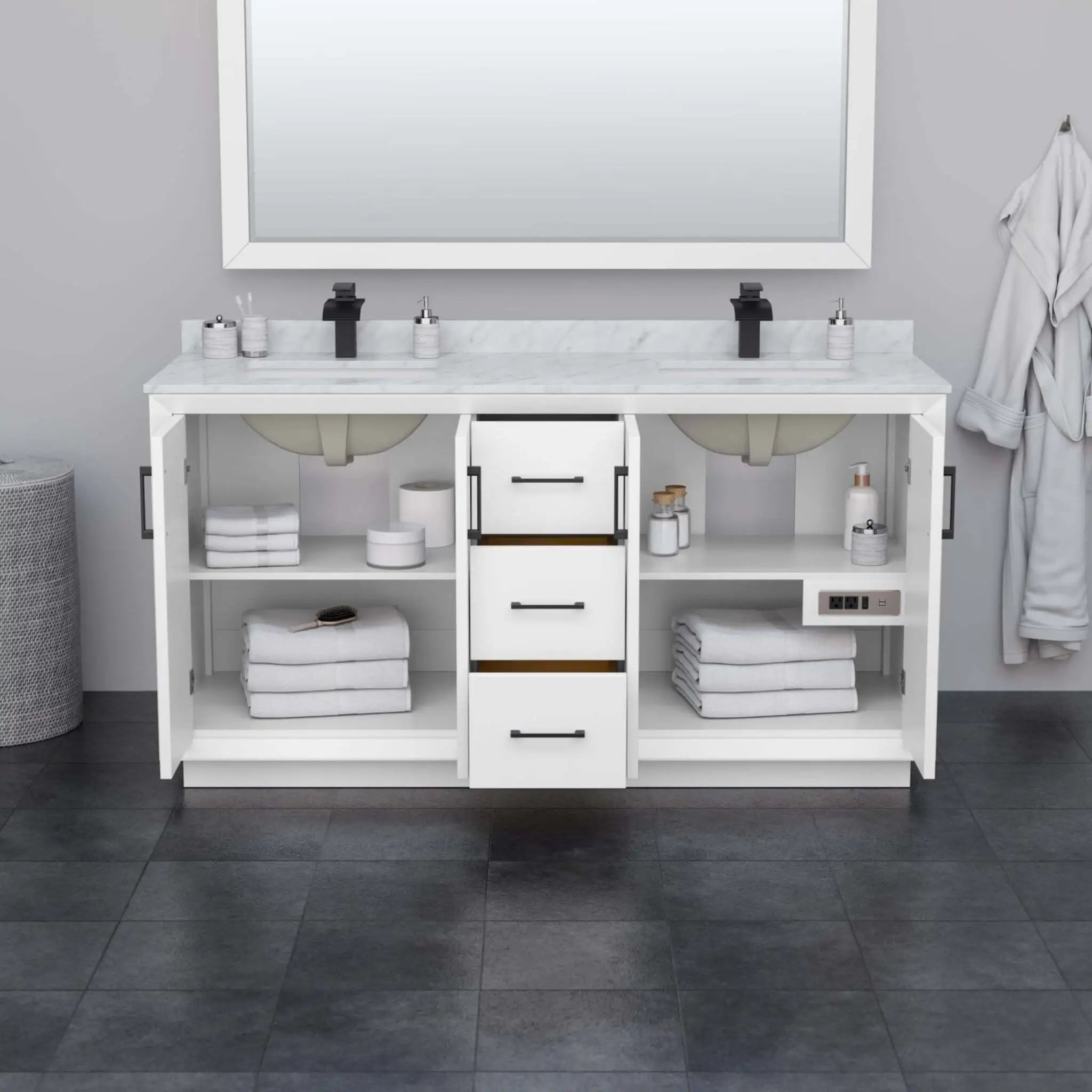 66" Strada Double Bathroom Vanity in White with Matte Black Trim by Wyndham