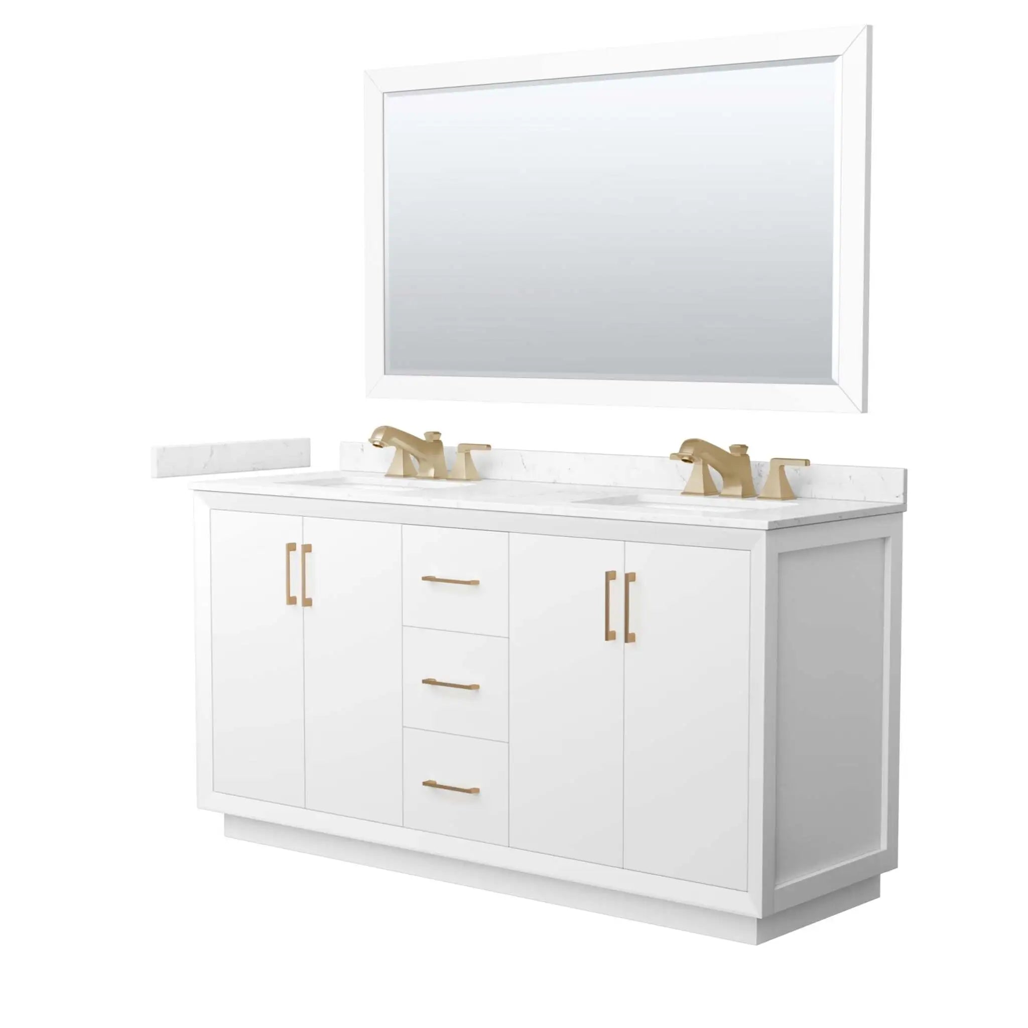 66" Strada Double Bathroom Vanity in White with Satin Bronze Trim & 58" Mirror by Wyndham