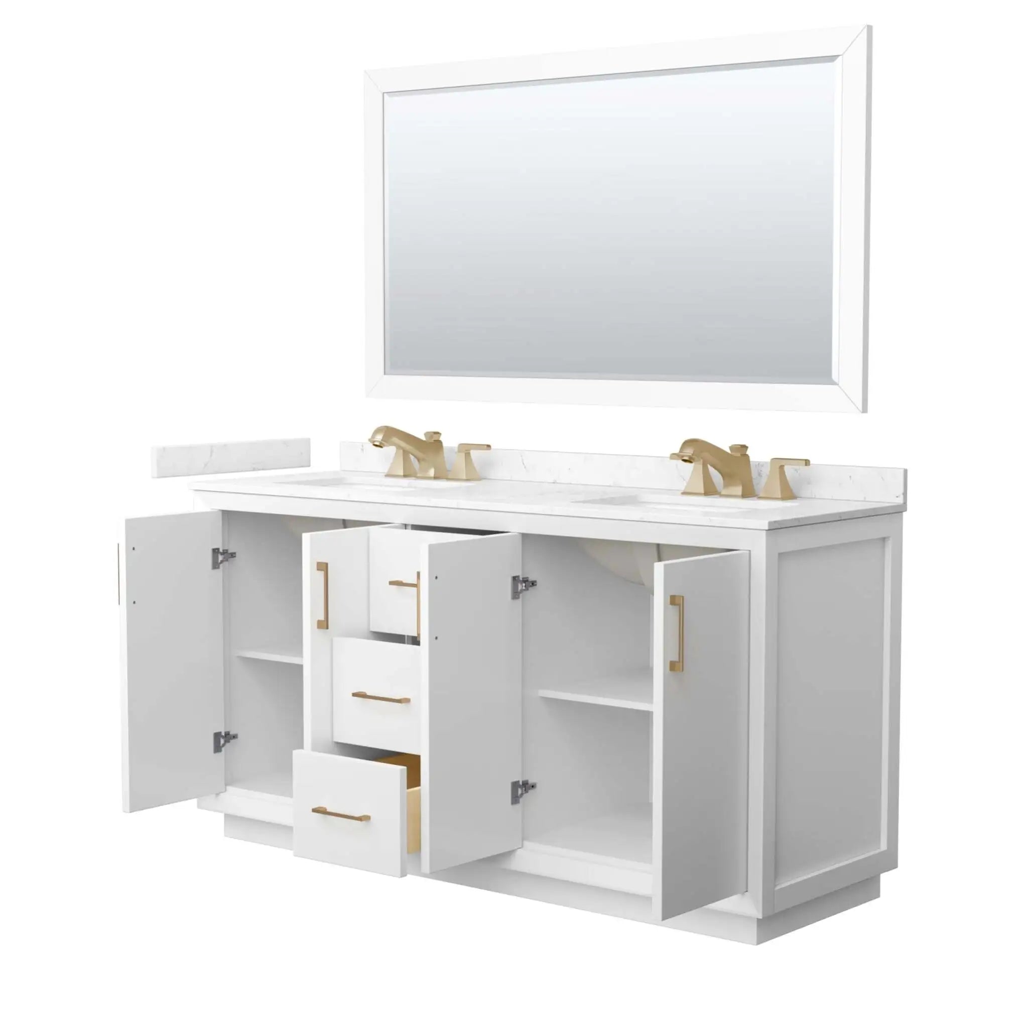 66" Strada Double Bathroom Vanity in White with Satin Bronze Trim & 58" Mirror by Wyndham