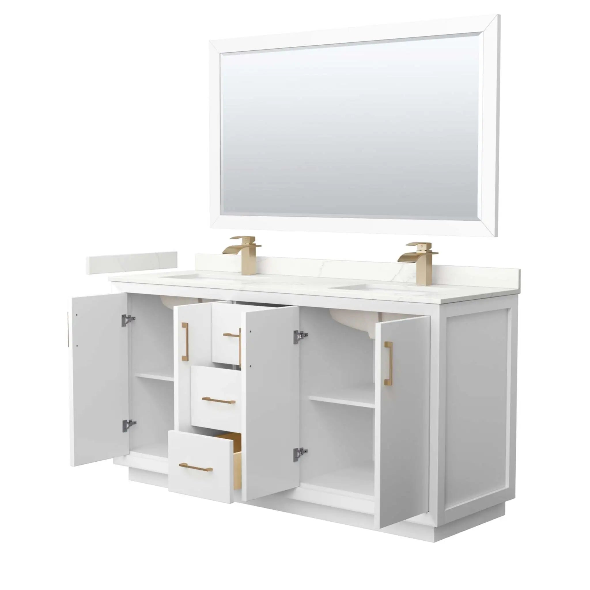 66" Strada Double Bathroom Vanity in White with Satin Bronze Trim & 58" Mirror by Wyndham