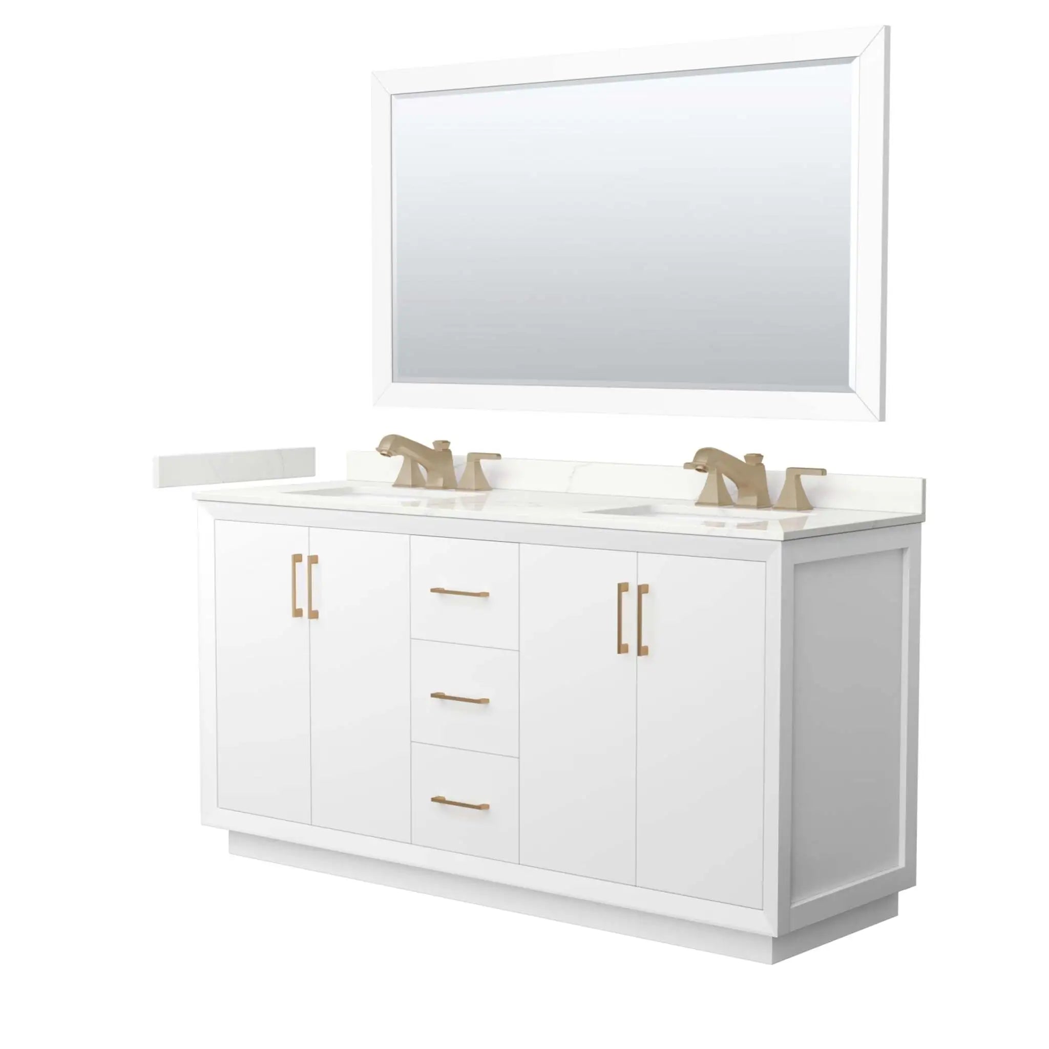 66" Strada Double Bathroom Vanity in White with Satin Bronze Trim & 58" Mirror by Wyndham