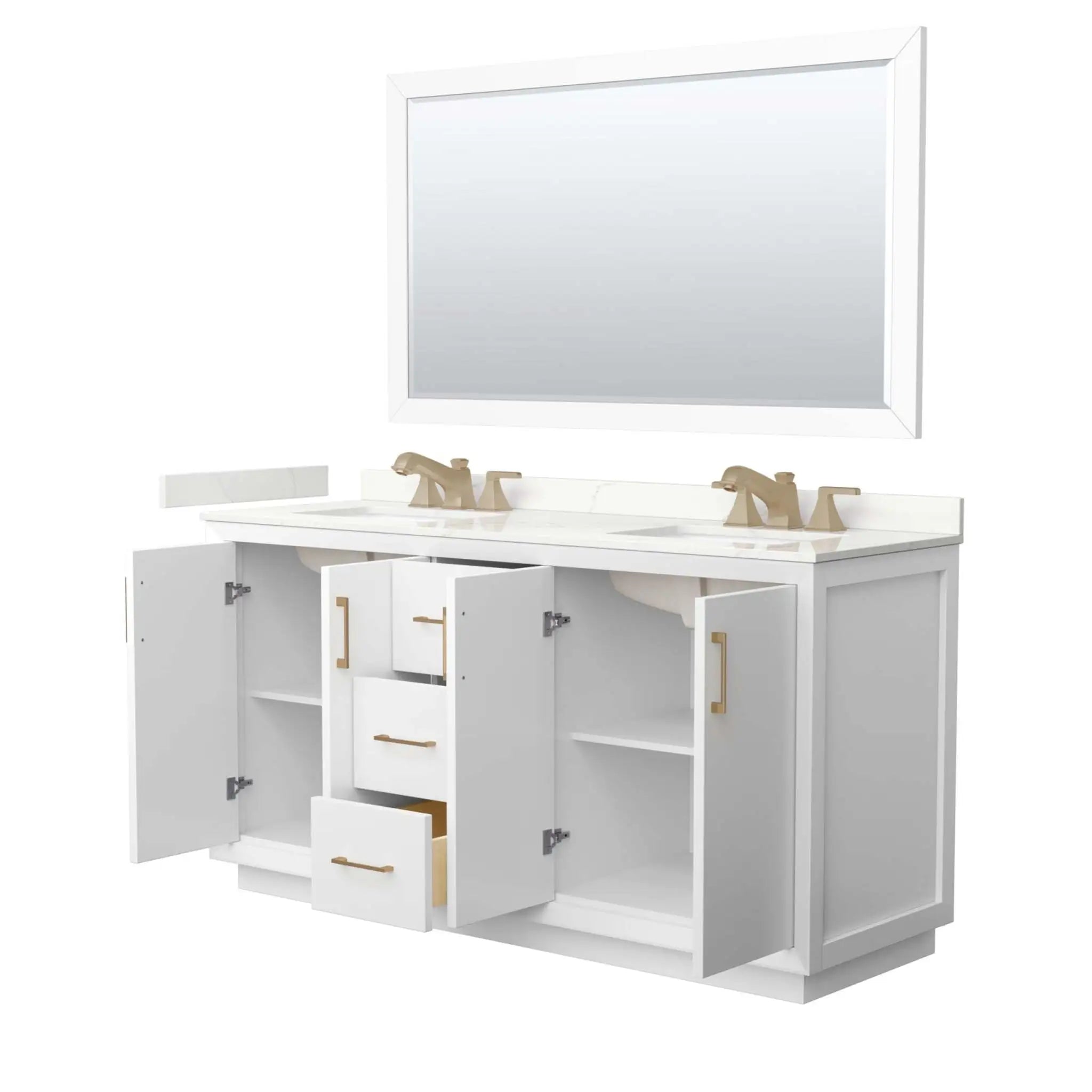 66" Strada Double Bathroom Vanity in White with Satin Bronze Trim & 58" Mirror by Wyndham