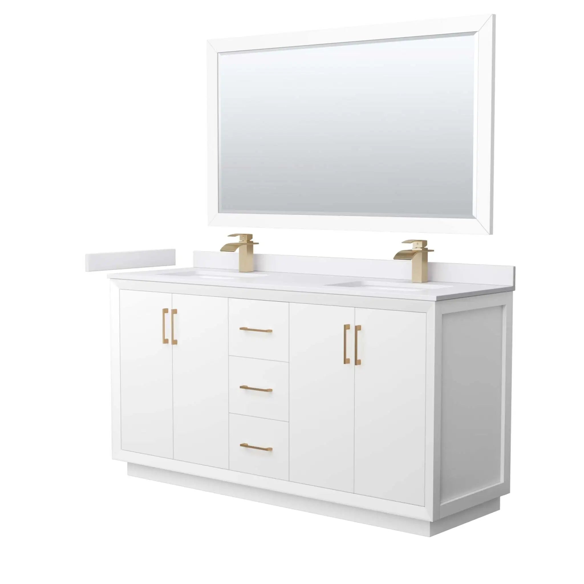 66" Strada Double Bathroom Vanity in White with Satin Bronze Trim & 58" Mirror by Wyndham