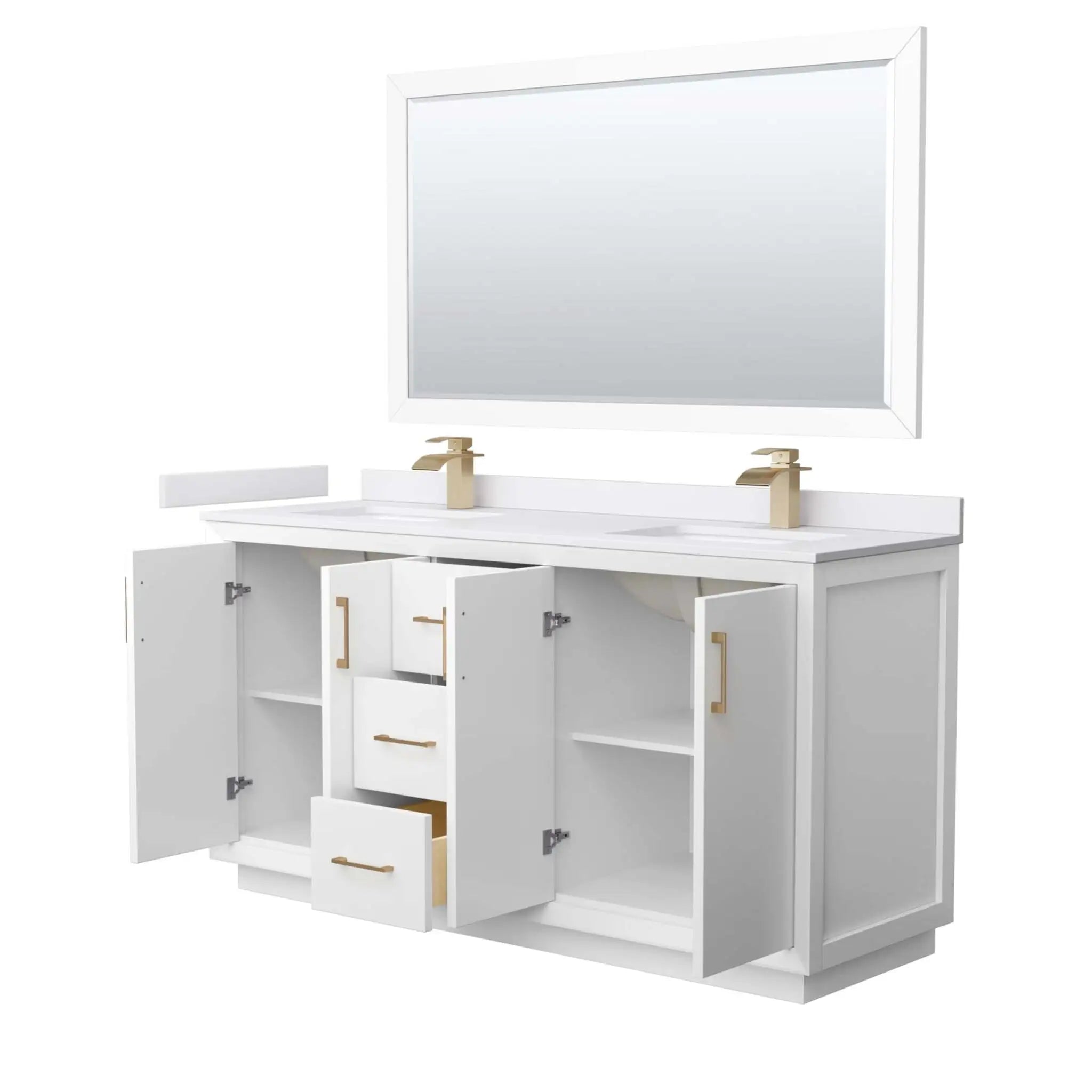 66" Strada Double Bathroom Vanity in White with Satin Bronze Trim & 58" Mirror by Wyndham