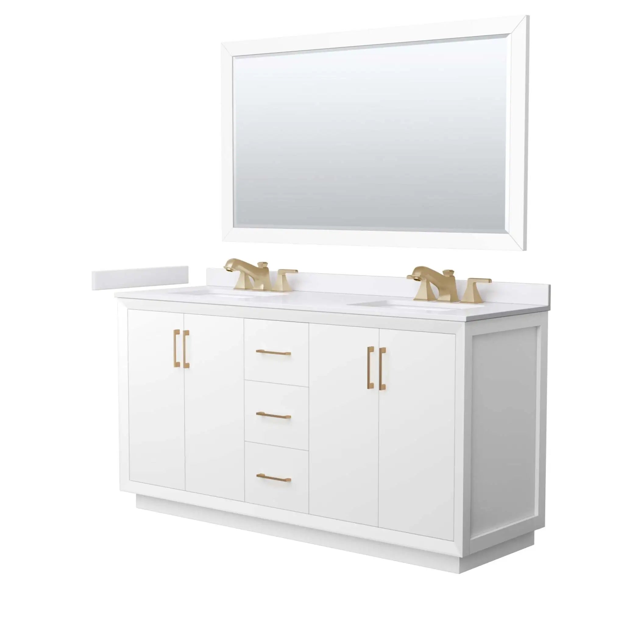 66" Strada Double Bathroom Vanity in White with Satin Bronze Trim & 58" Mirror by Wyndham