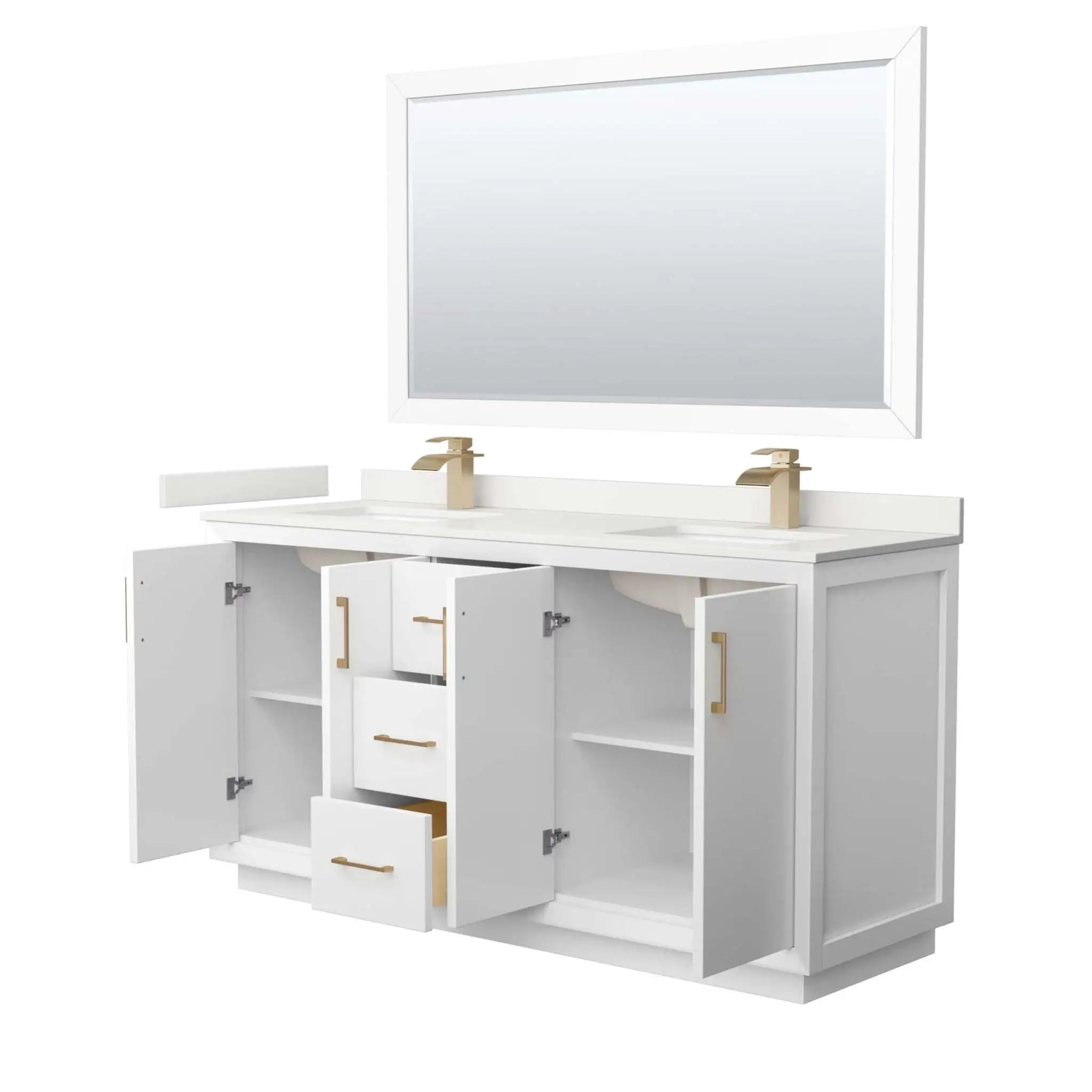 66" Strada Double Bathroom Vanity in White with Satin Bronze Trim & 58" Mirror by Wyndham