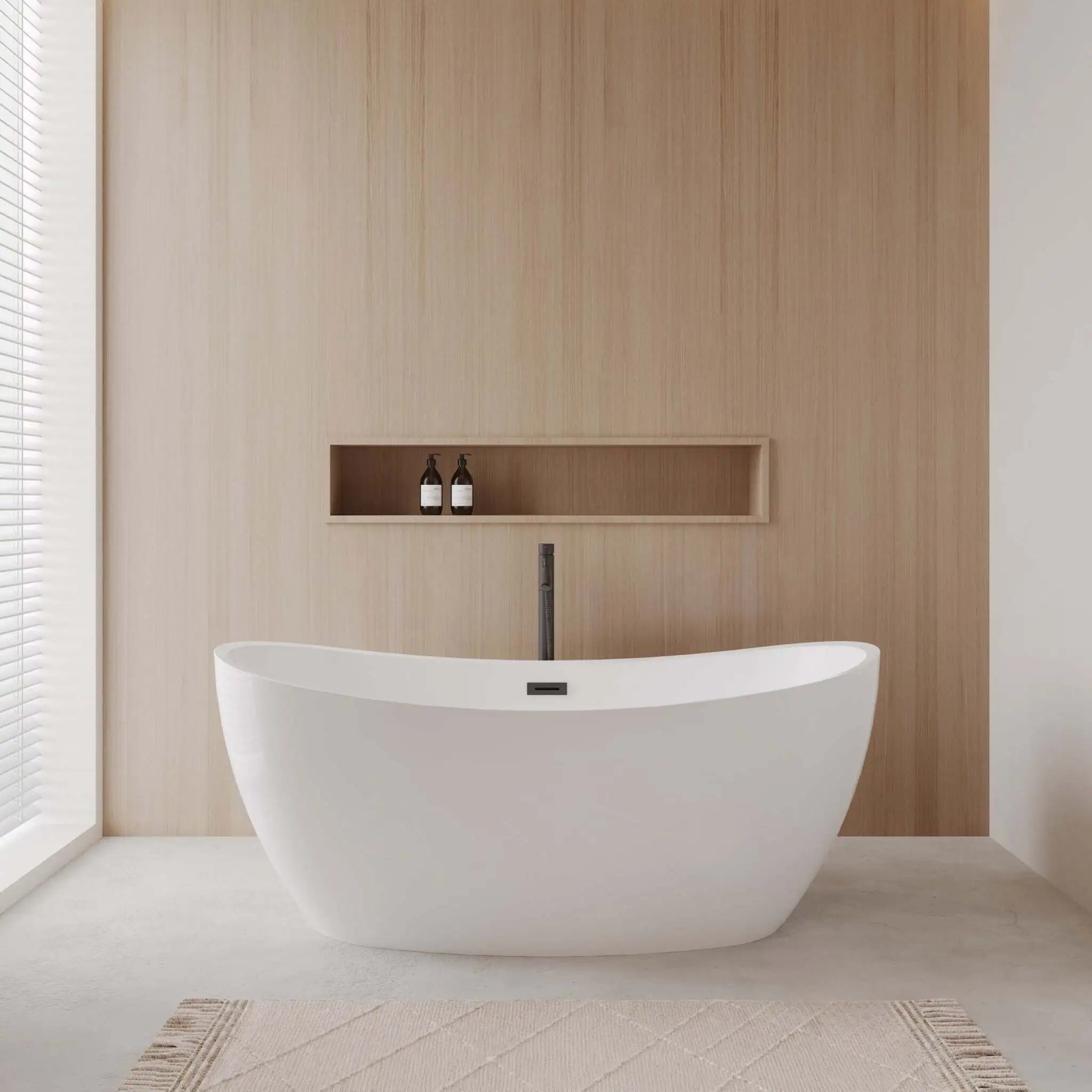 66" White Freestanding Bathtub with Matte Black Faucet - Dorrit by Wyndham (WCBTE652066MBATPBK) image 1