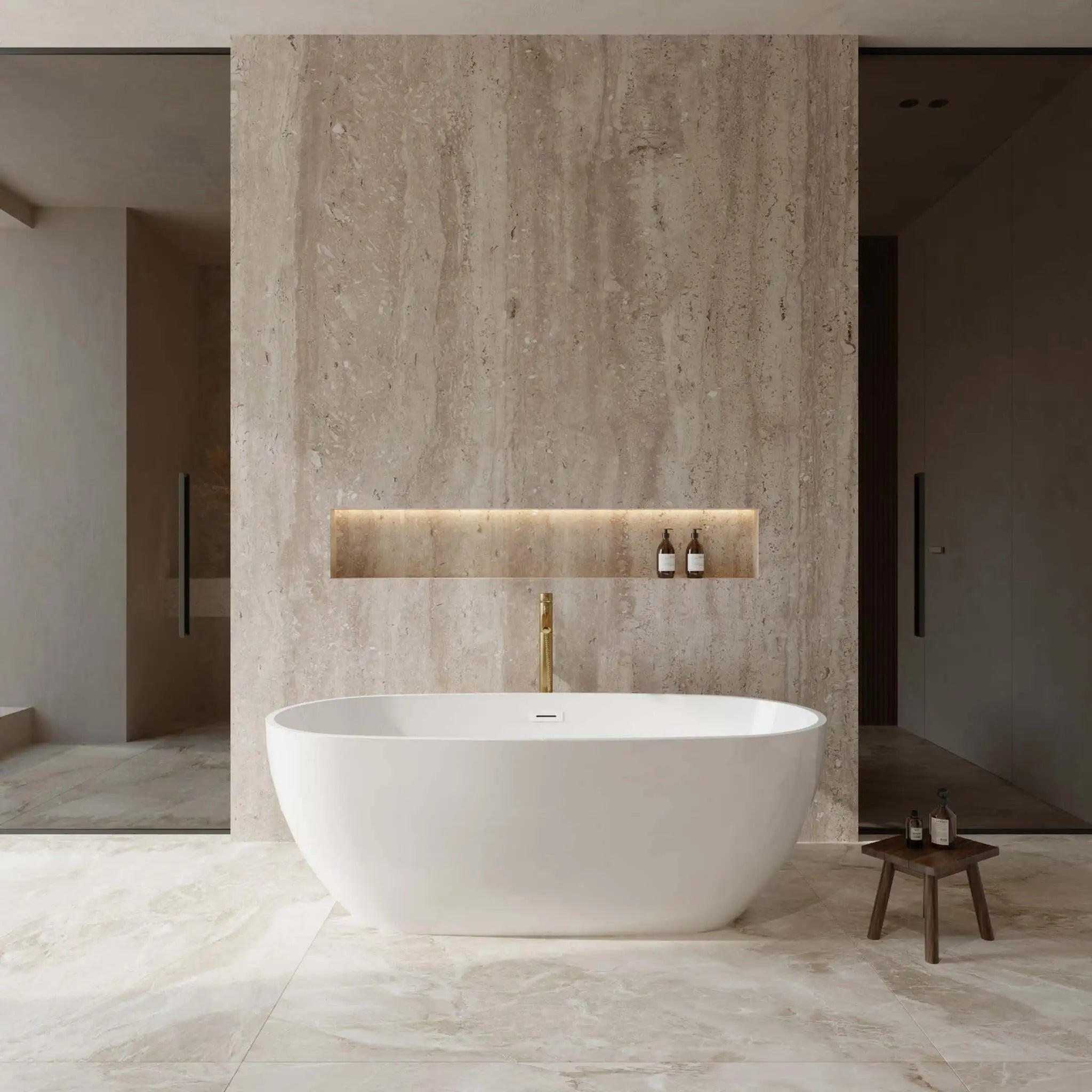 67" White Freestanding Bathtub with Brushed Gold Faucet - Juno by Wyndham (WCBTK156167SWATPGD) image 1