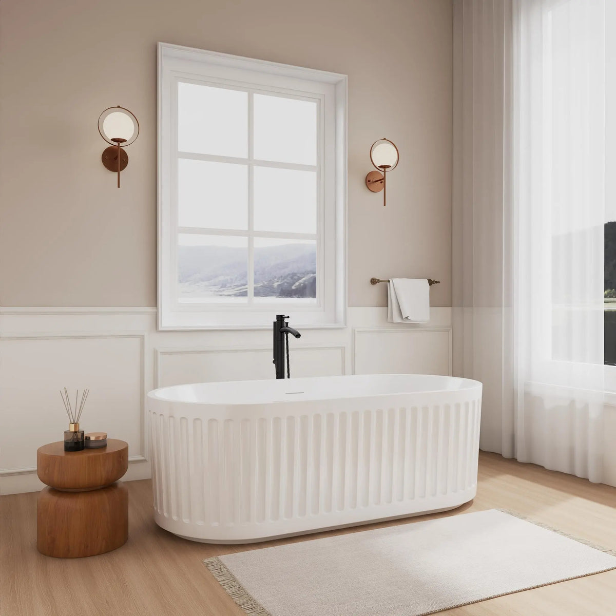 67" White Freestanding Bathtub with Polished Chrome Drain and Overflow Trim and Floor Mounted Faucet in Matte Black - Carmela by Wyndham (WCBTS200467PCATPBK)
