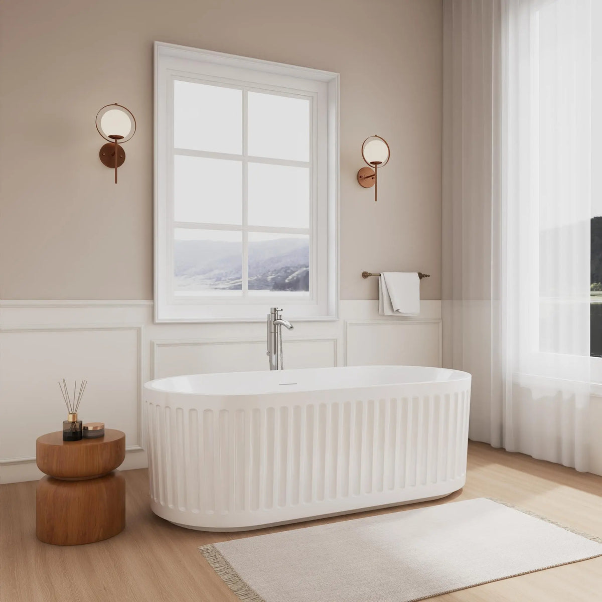 67" White Freestanding Bathtub with Polished Chrome Drain and Overflow Trim, and Polished Chrome Floor Mounted Faucet - Carmela by Wyndham (WCBTS200467ATP11PC)