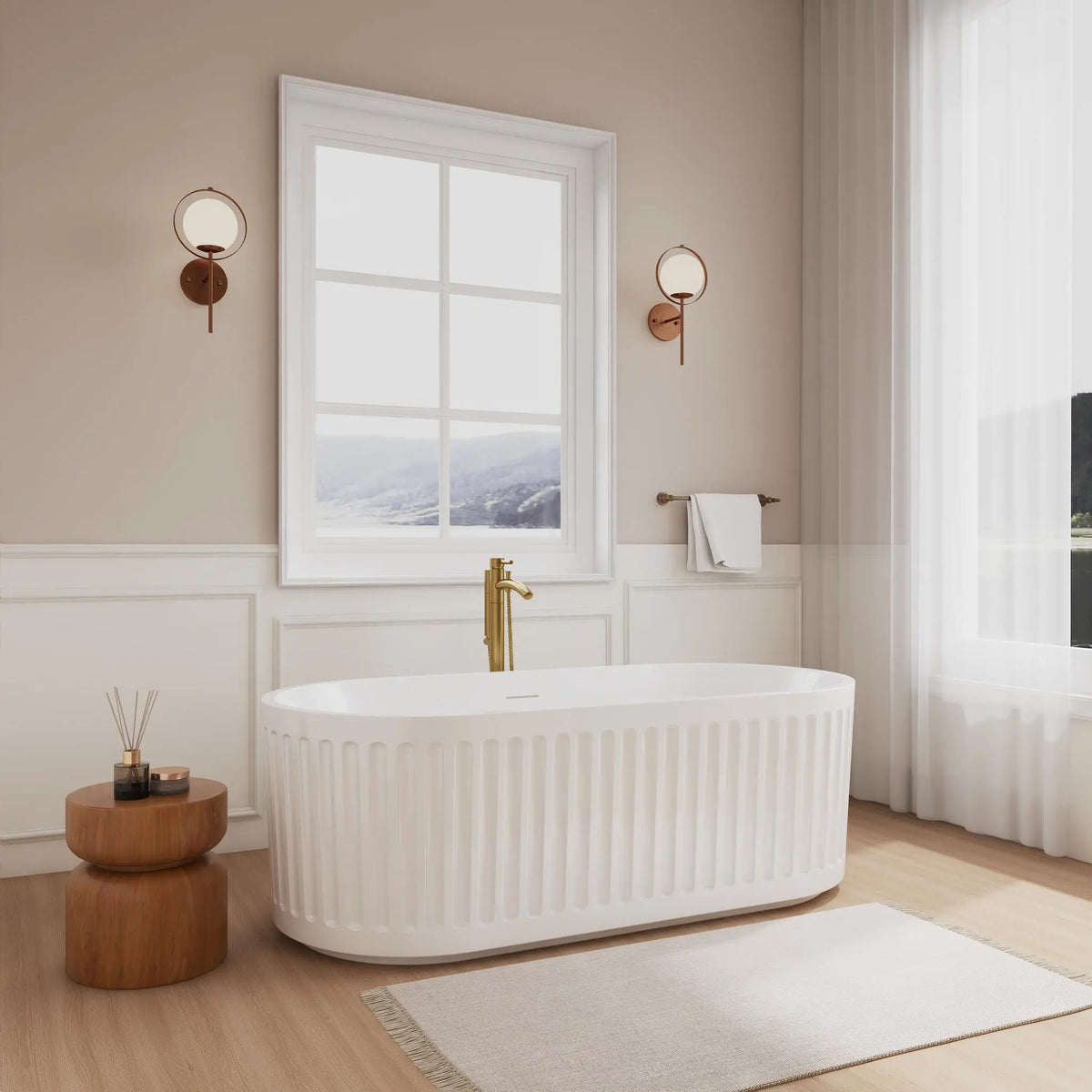 67" White Freestanding Bathtub with Shiny White Drain and Overflow Trim and Floor Mounted Faucet in Brushed Gold - Carmela by Wyndham (WCBTS200467SWATPGD)