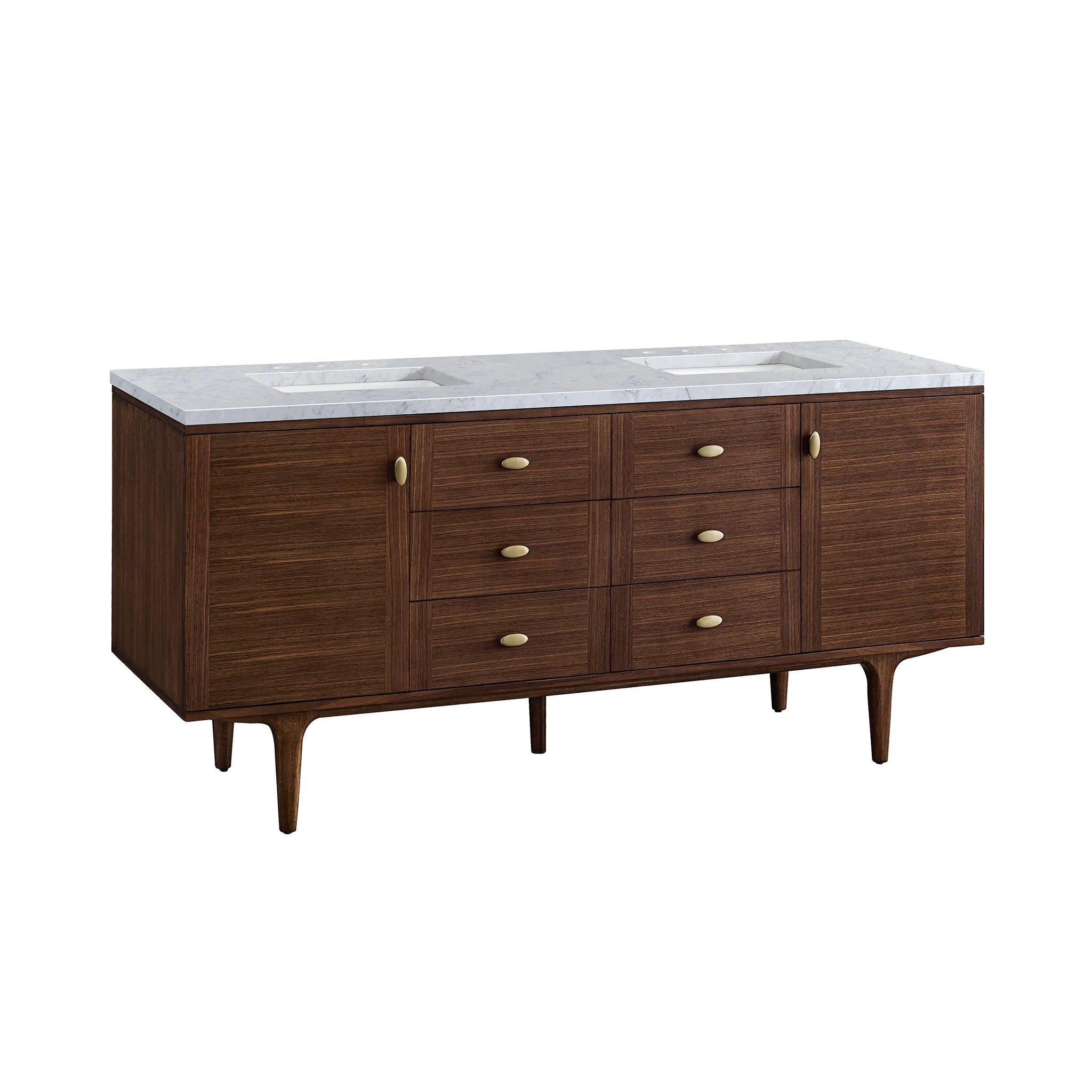 72" Amberly Double Vanity in Mid-Century Walnut-Carrara White Marble-8" Widespread image 10