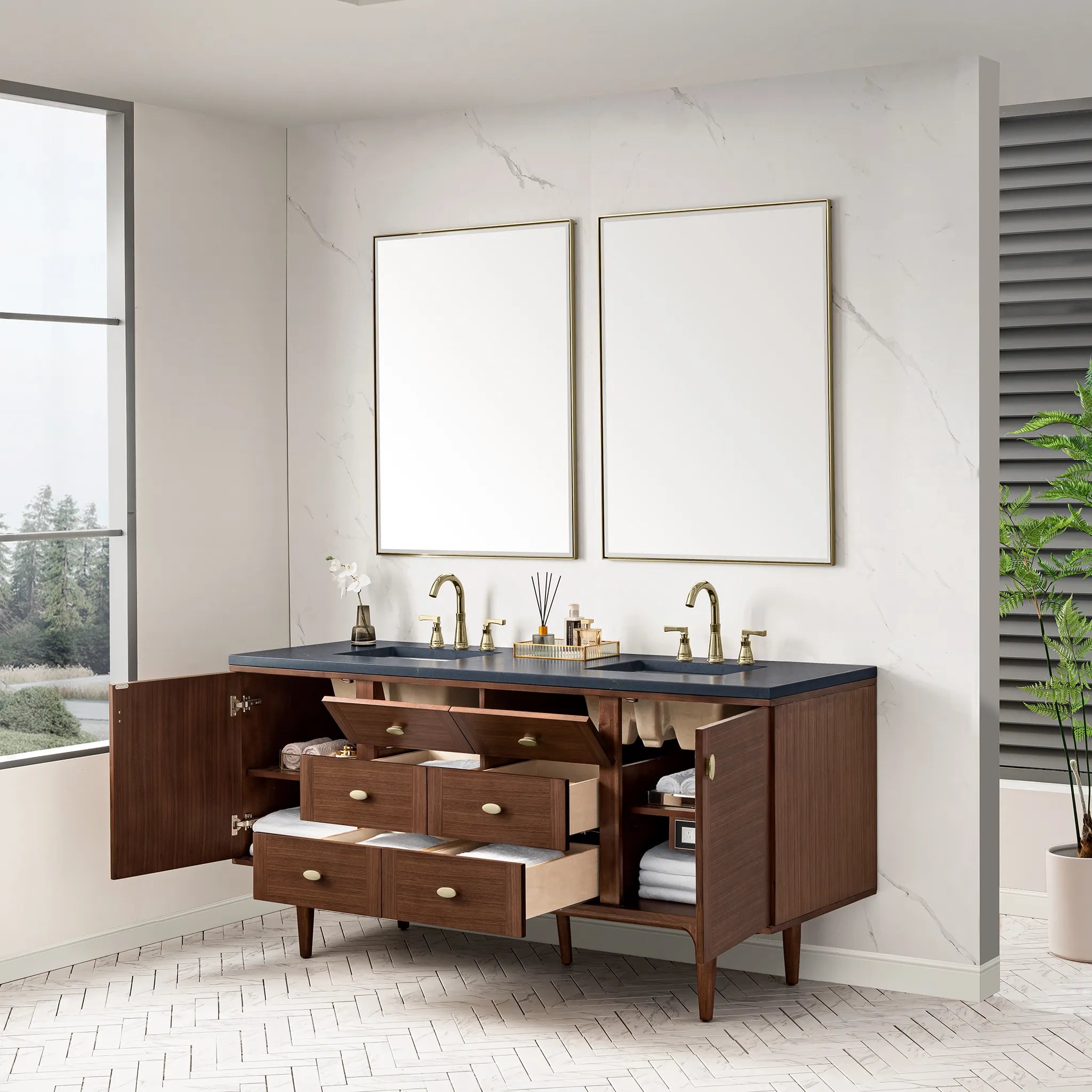 72" Amberly Double Vanity in Mid-Century Walnut-Charcoal Soapstone Silestone-8" Widespread image 10