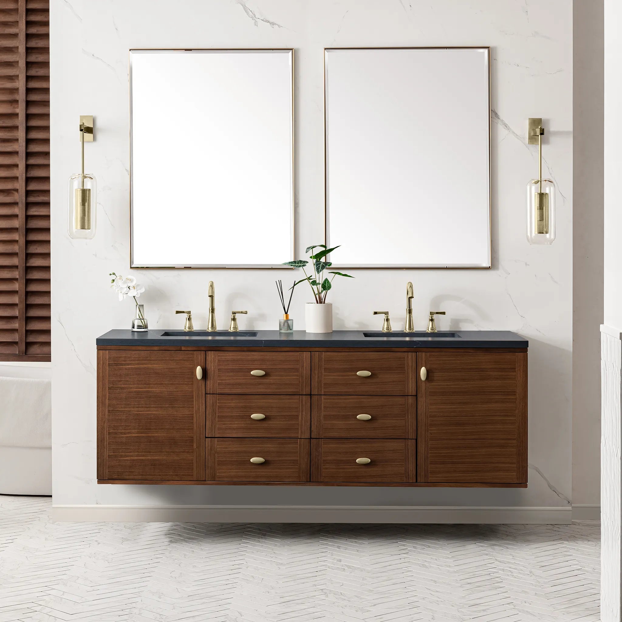72" Amberly Double Vanity in Mid-Century Walnut-Charcoal Soapstone Silestone-8" Widespread image 5