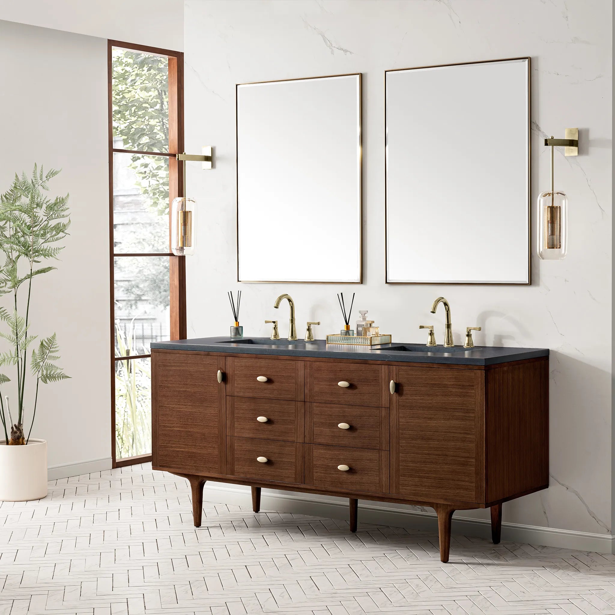 72" Amberly Double Vanity in Mid-Century Walnut-Charcoal Soapstone Silestone-8" Widespread image 6