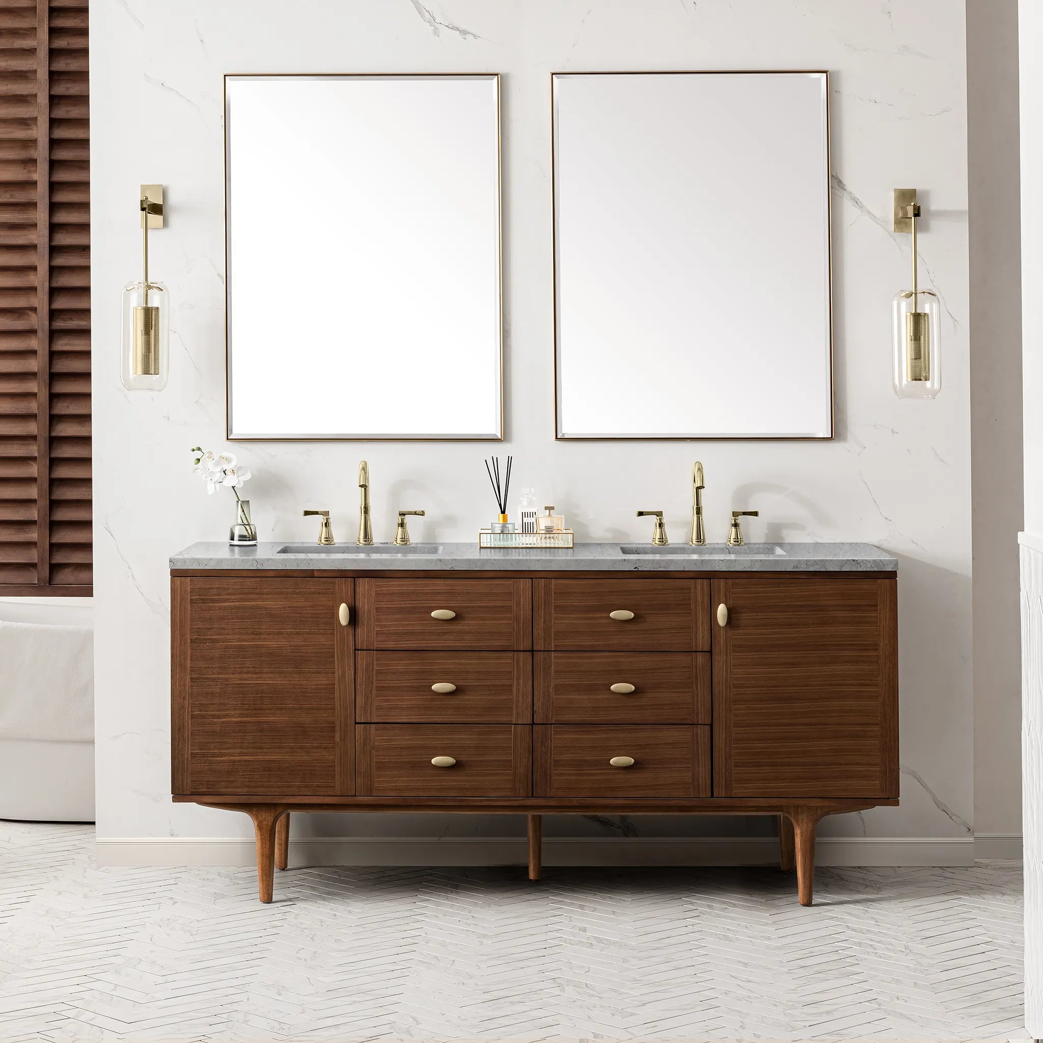 72" Amberly Double Vanity in Mid-Century Walnut-Eternal Jasmine Pearl Silestone-8" Widespread image 2