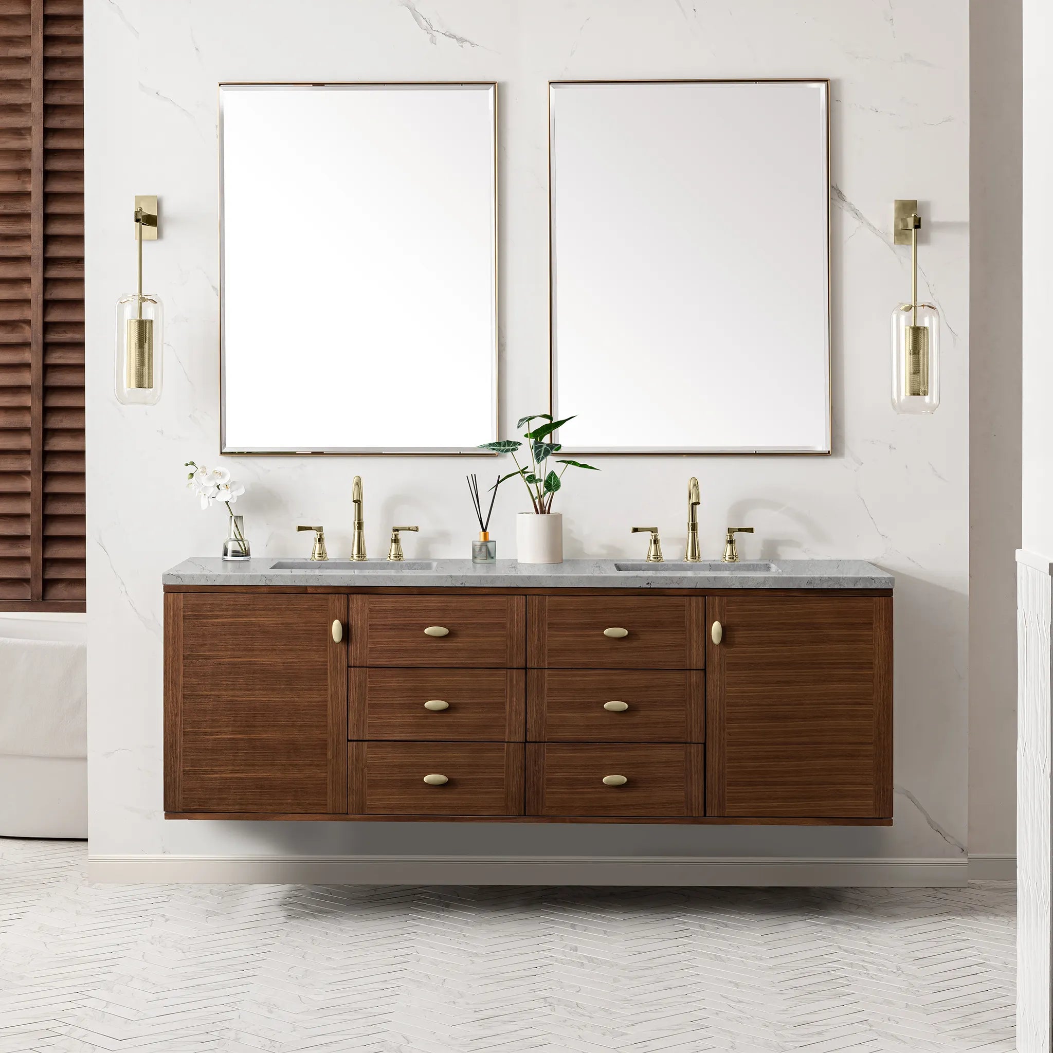 72" Amberly Double Vanity in Mid-Century Walnut-Eternal Jasmine Pearl Silestone-8" Widespread image 3