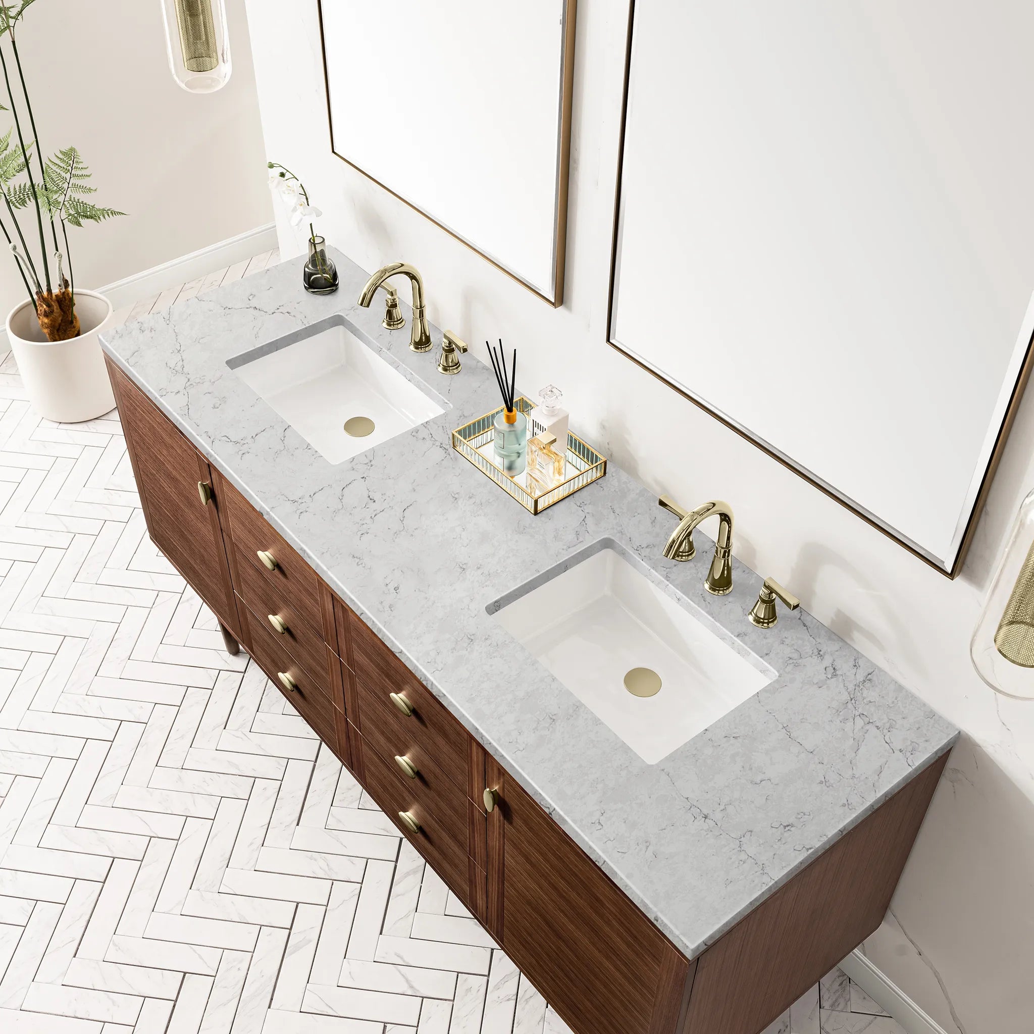 72" Amberly Double Vanity in Mid-Century Walnut-Eternal Jasmine Pearl Silestone-8" Widespread image 8
