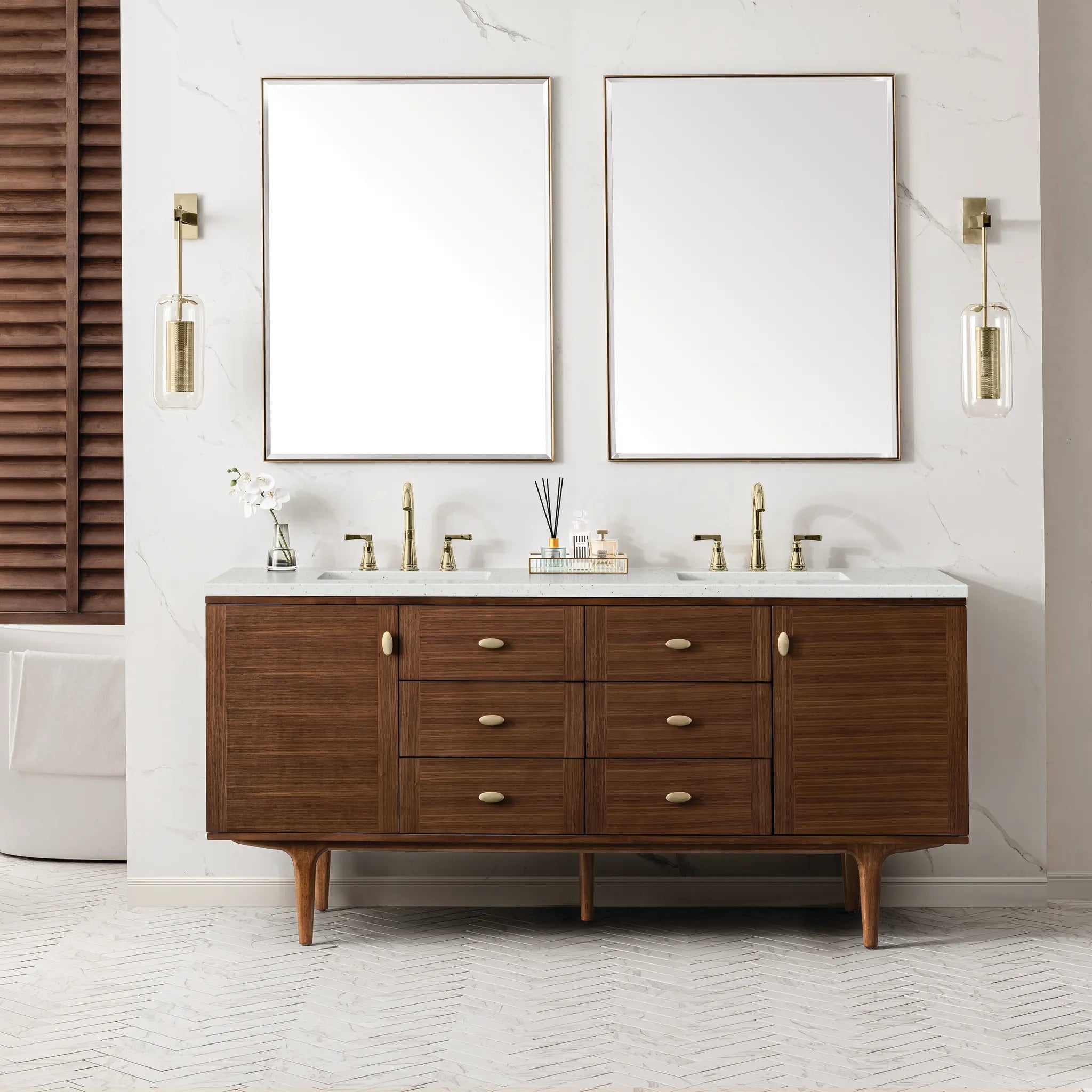 72" Amberly Double Vanity in Mid-Century Walnut-Lime Delight Silestone-8" Widespread image 2