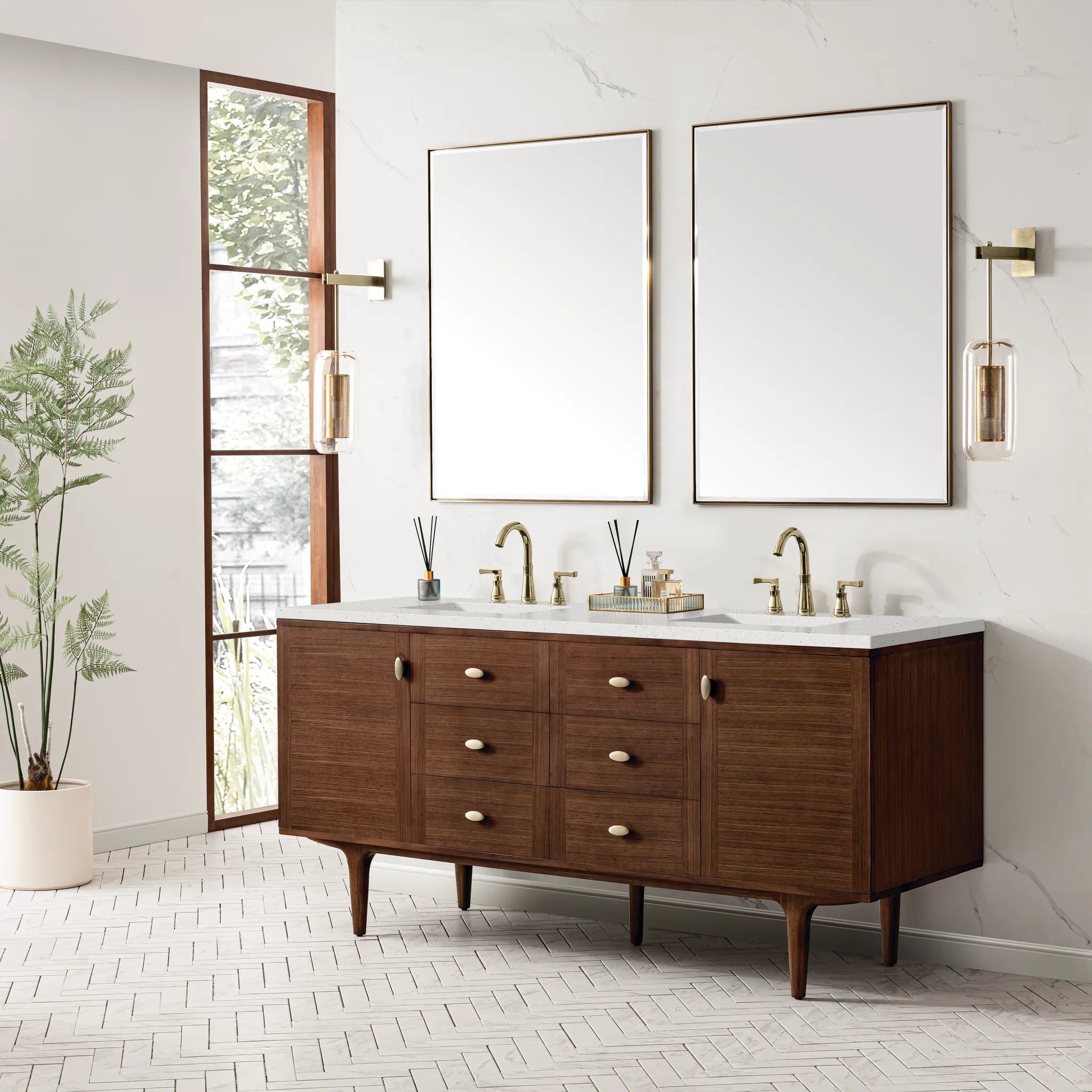 72" Amberly Double Vanity in Mid-Century Walnut-Lime Delight Silestone-8" Widespread image 4