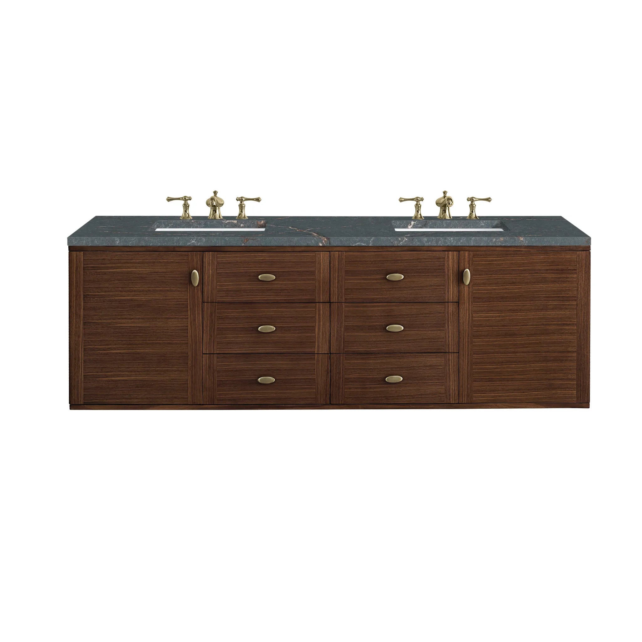 72" Amberly Double Vanity in Mid-Century Walnut-Parisien Bleu Silestone-8" Widespread image 1