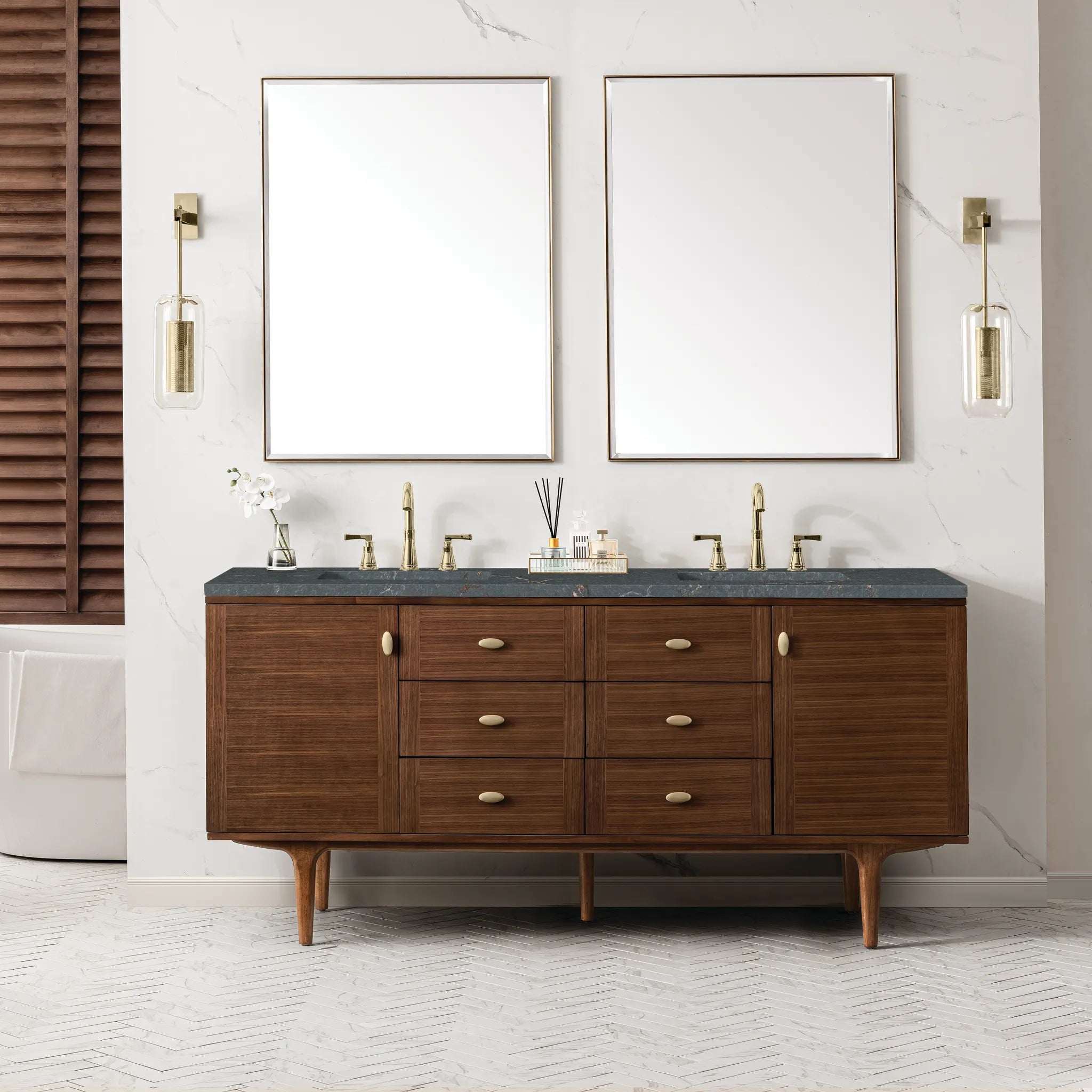 72" Amberly Double Vanity in Mid-Century Walnut-Parisien Bleu Silestone-8" Widespread image 2