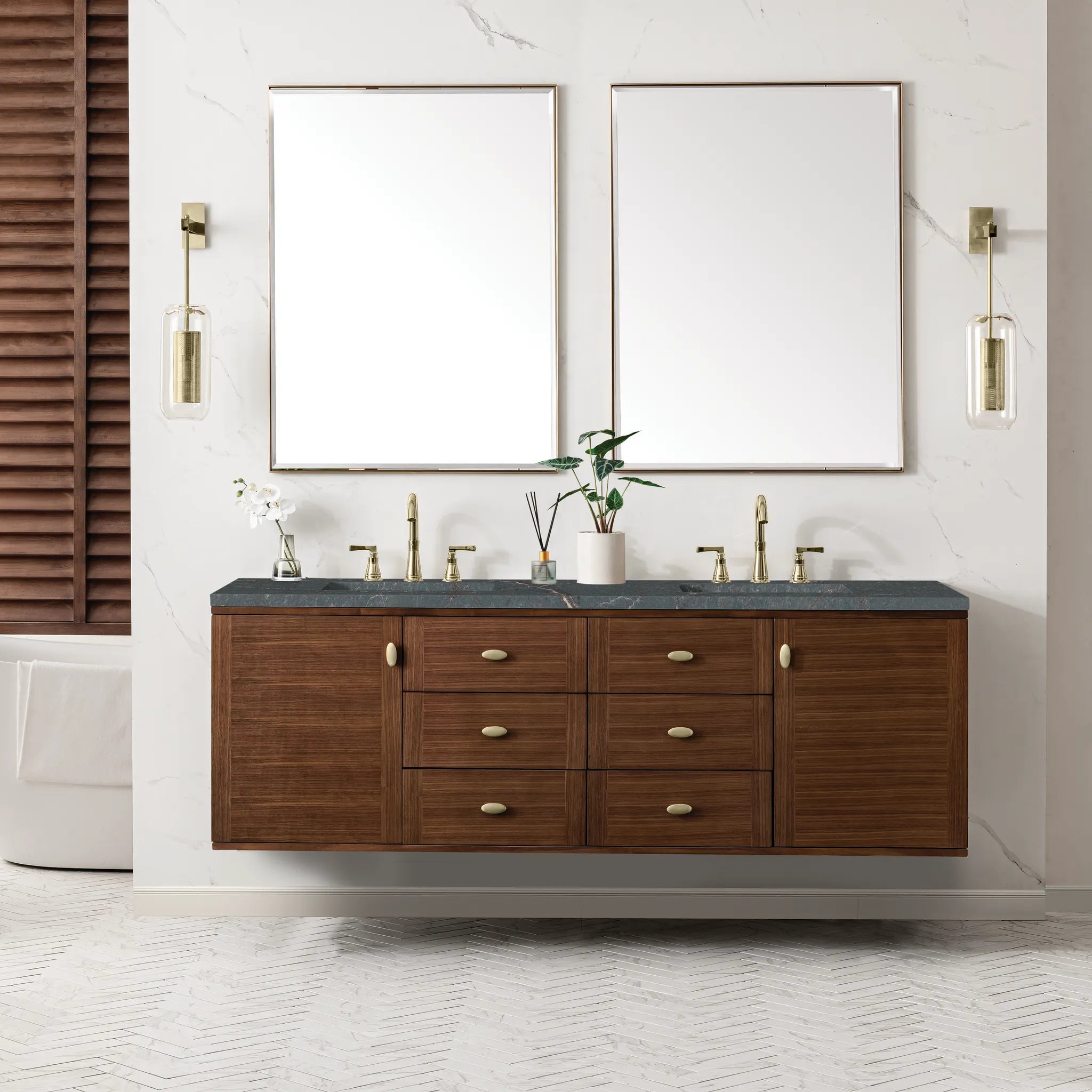 72" Amberly Double Vanity in Mid-Century Walnut-Parisien Bleu Silestone-8" Widespread image 3