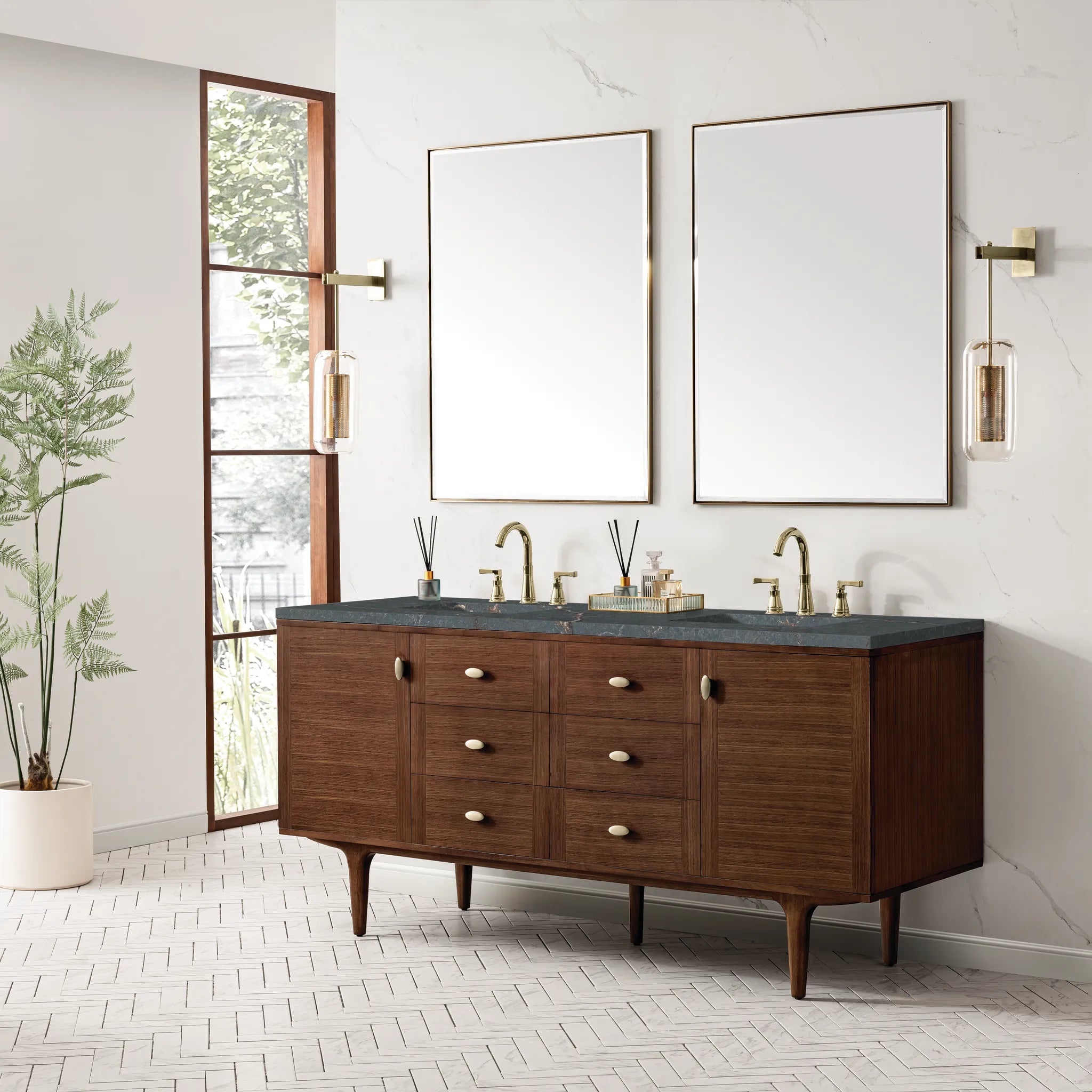 72" Amberly Double Vanity in Mid-Century Walnut-Parisien Bleu Silestone-8" Widespread image 4