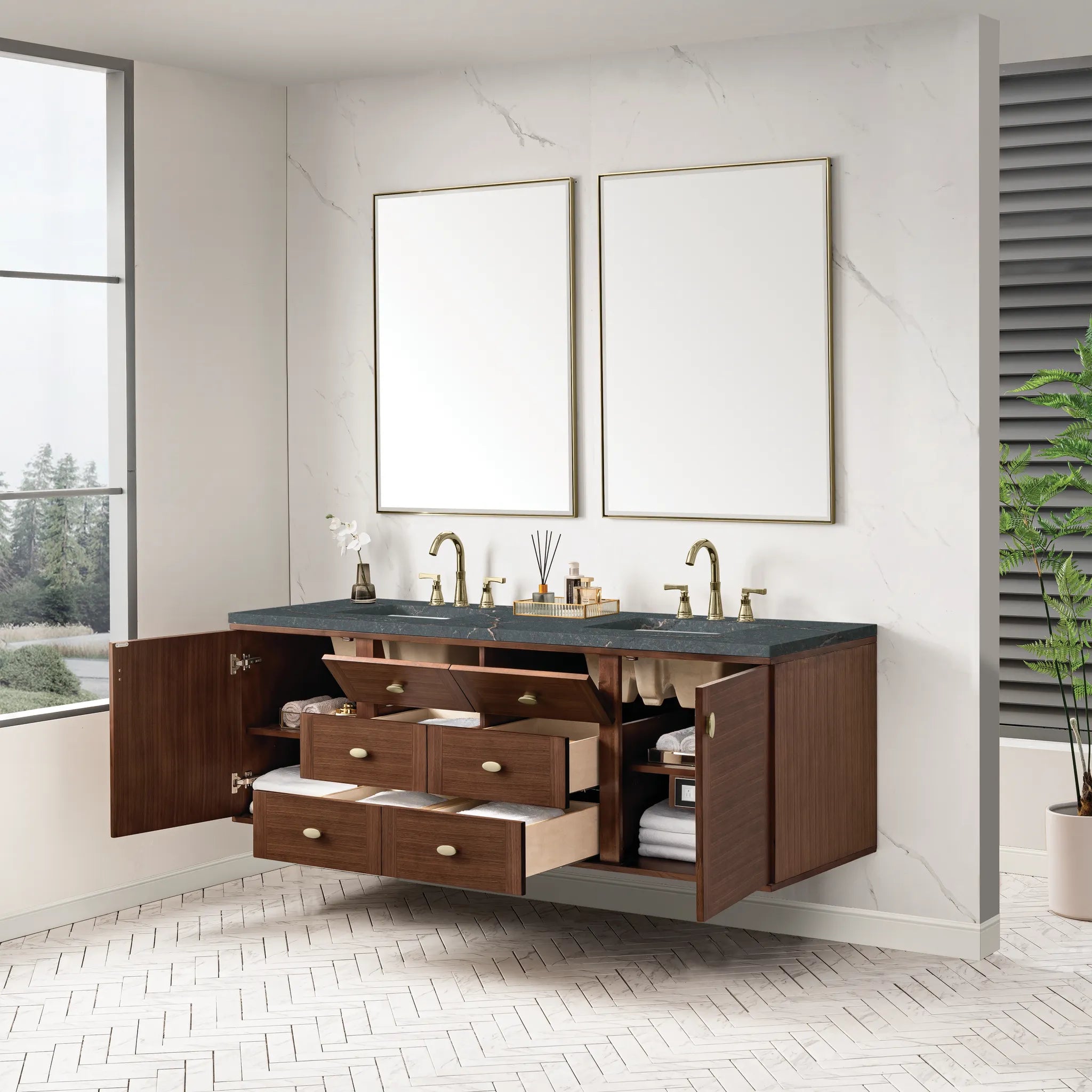 72" Amberly Double Vanity in Mid-Century Walnut-Parisien Bleu Silestone-8" Widespread image 7