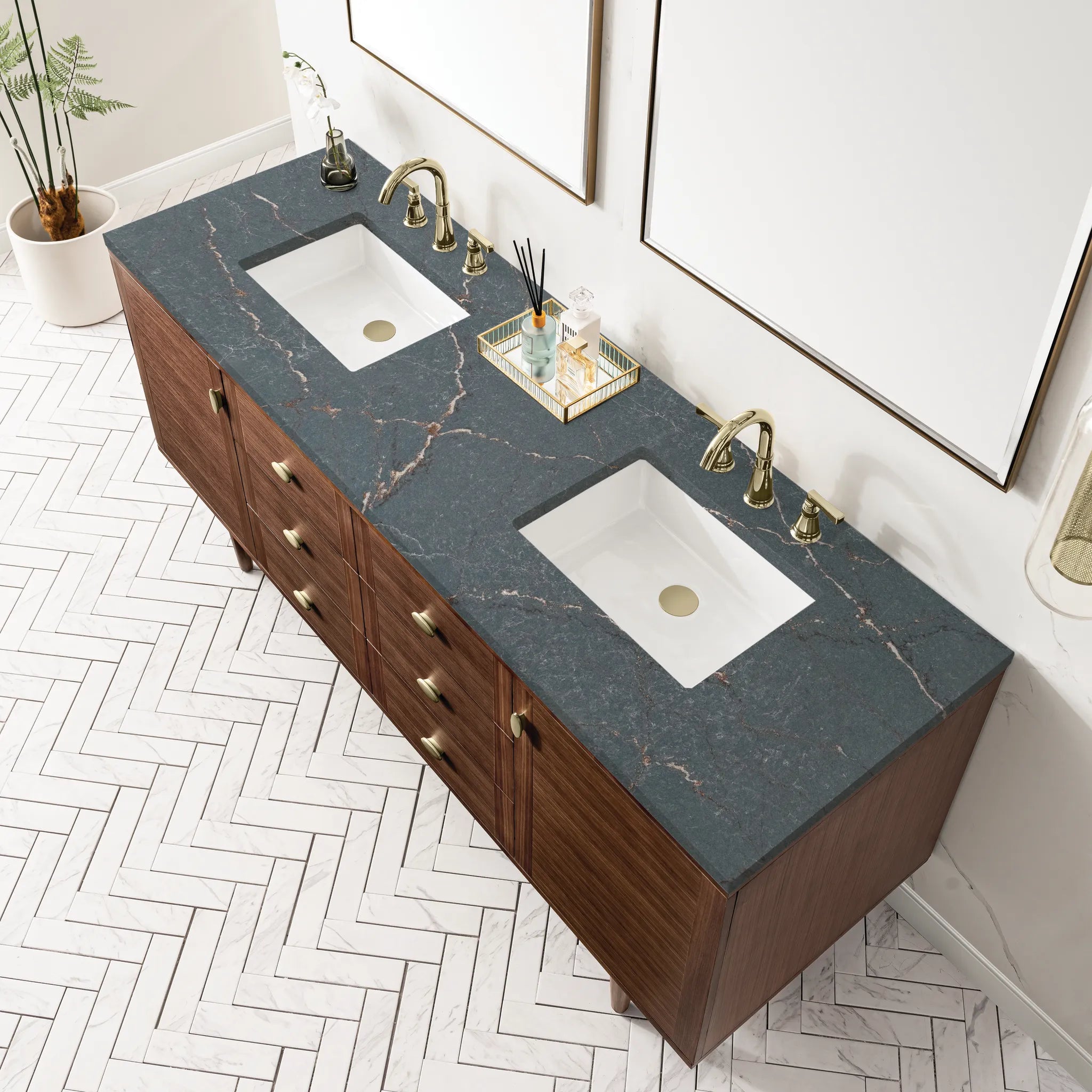 72" Amberly Double Vanity in Mid-Century Walnut-Parisien Bleu Silestone-8" Widespread image 8