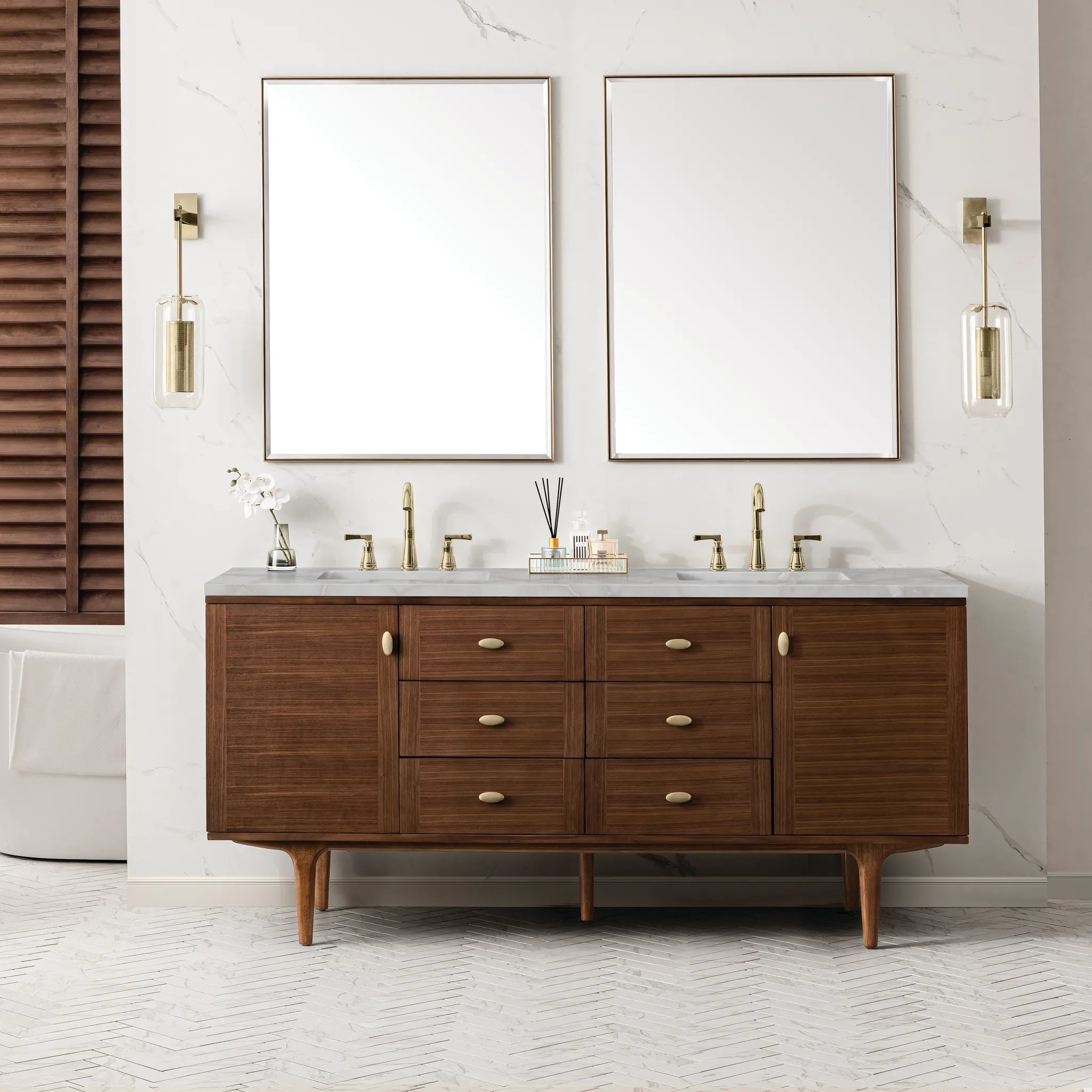 72" Amberly Double Vanity in Mid-Century Walnut-Victorian Silver Silestone-8" Widespread image 2