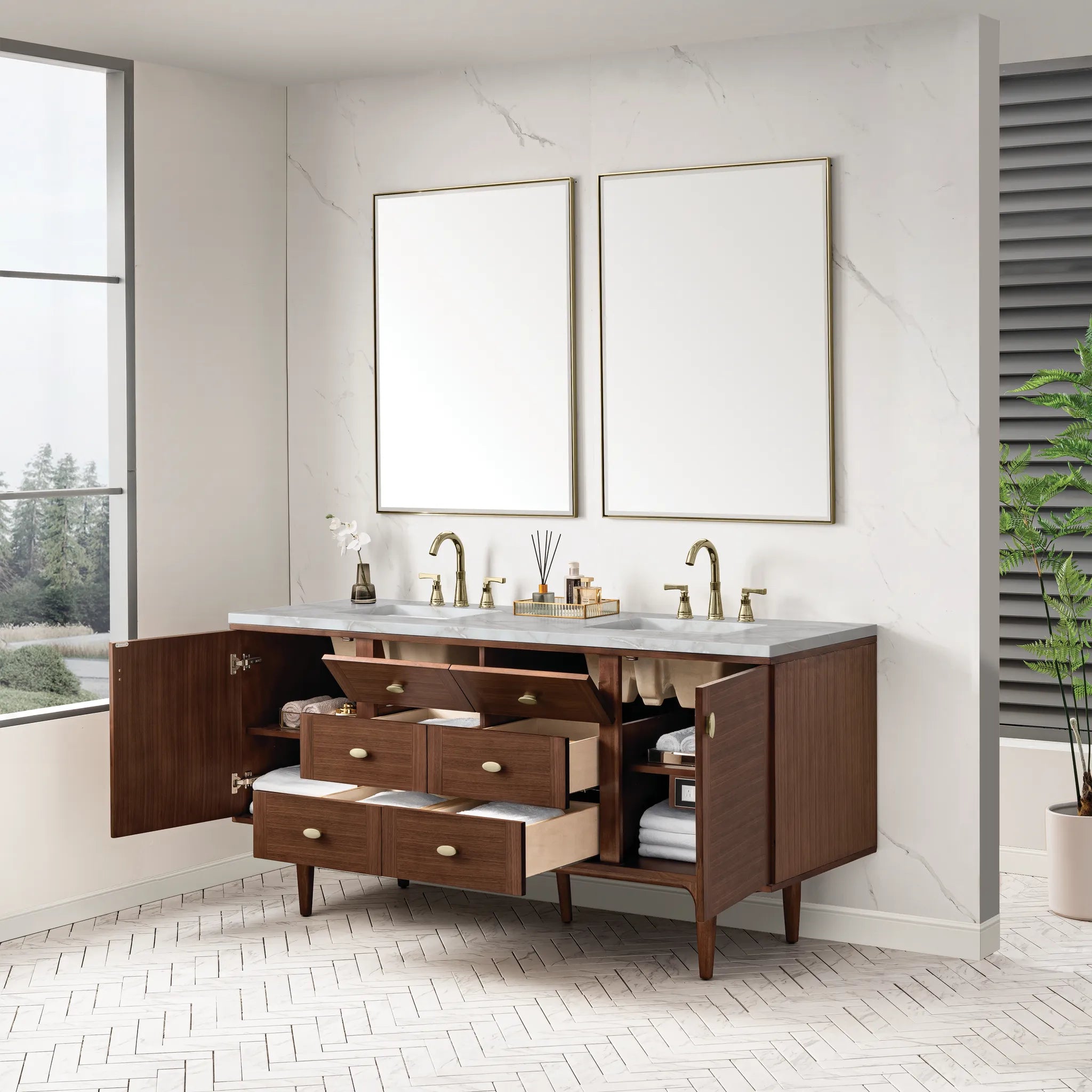 72" Amberly Double Vanity in Mid-Century Walnut-Victorian Silver Silestone-8" Widespread image 6