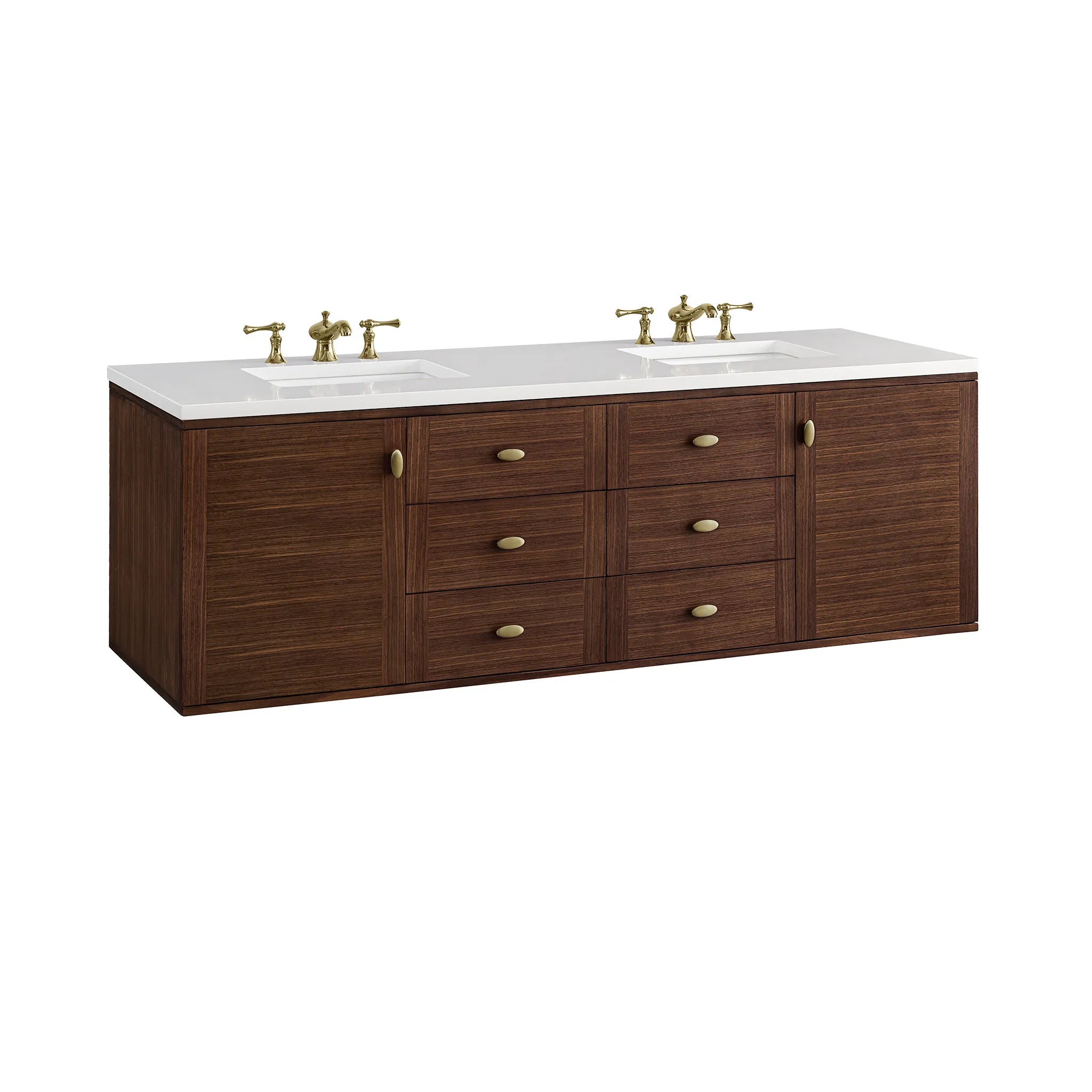 72" Amberly Double Vanity in Mid-Century Walnut-White Zeus Silestone-8" Widespread image 17