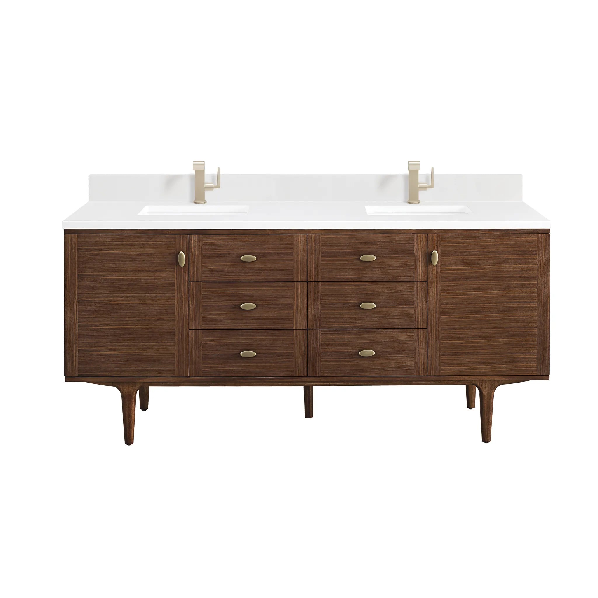 72" Amberly Double Vanity in Mid-Century Walnut-White Zeus Silestone & Backsplash-Single Hole image 1