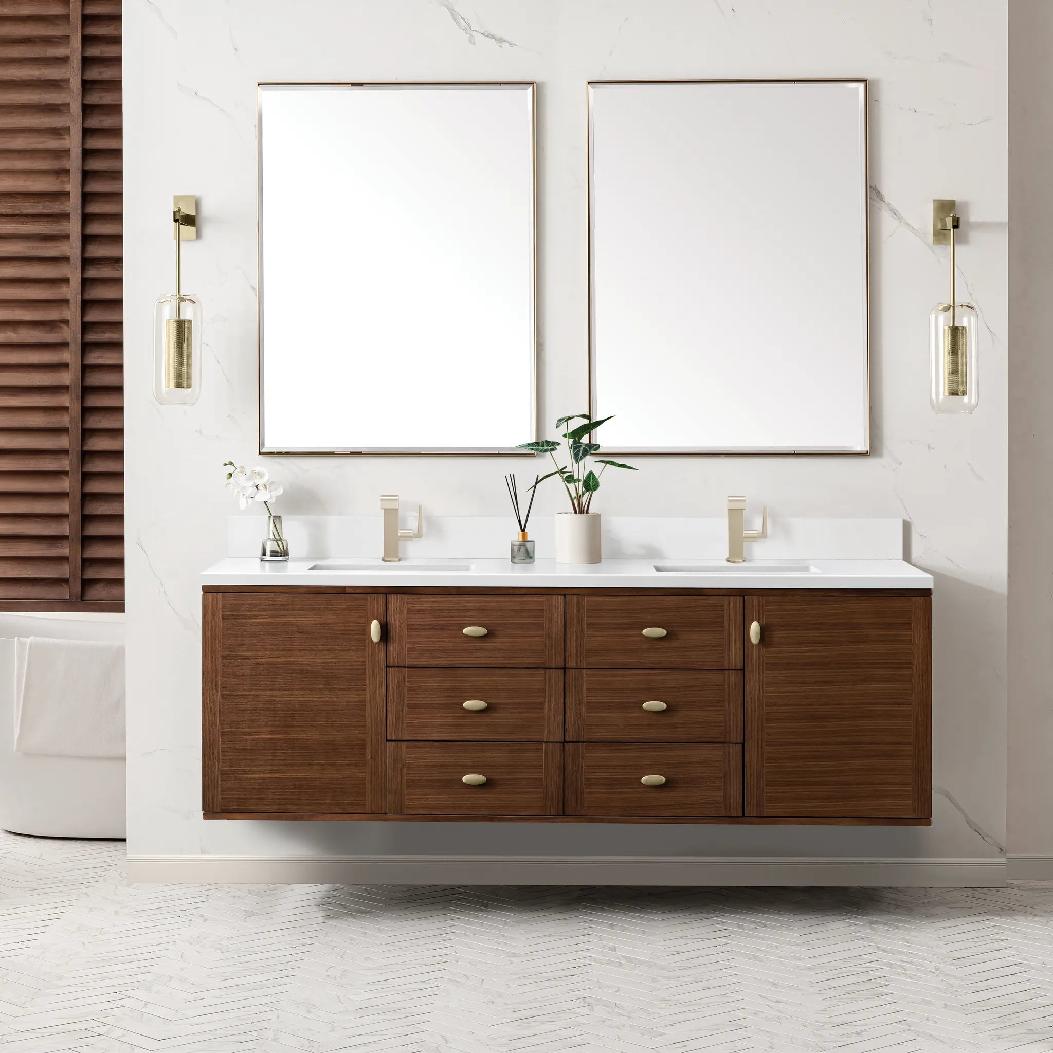 72" Amberly Double Vanity in Mid-Century Walnut-White Zeus Silestone & Backsplash-Single Hole image 2