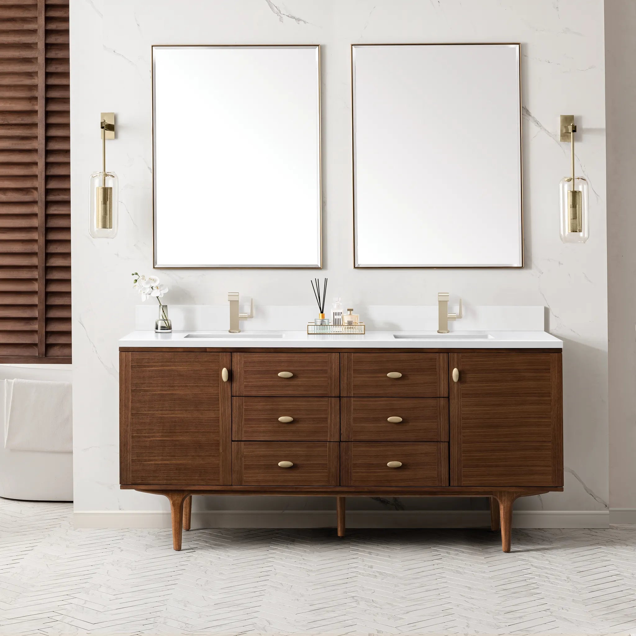 72" Amberly Double Vanity in Mid-Century Walnut-White Zeus Silestone & Backsplash-Single Hole image 3
