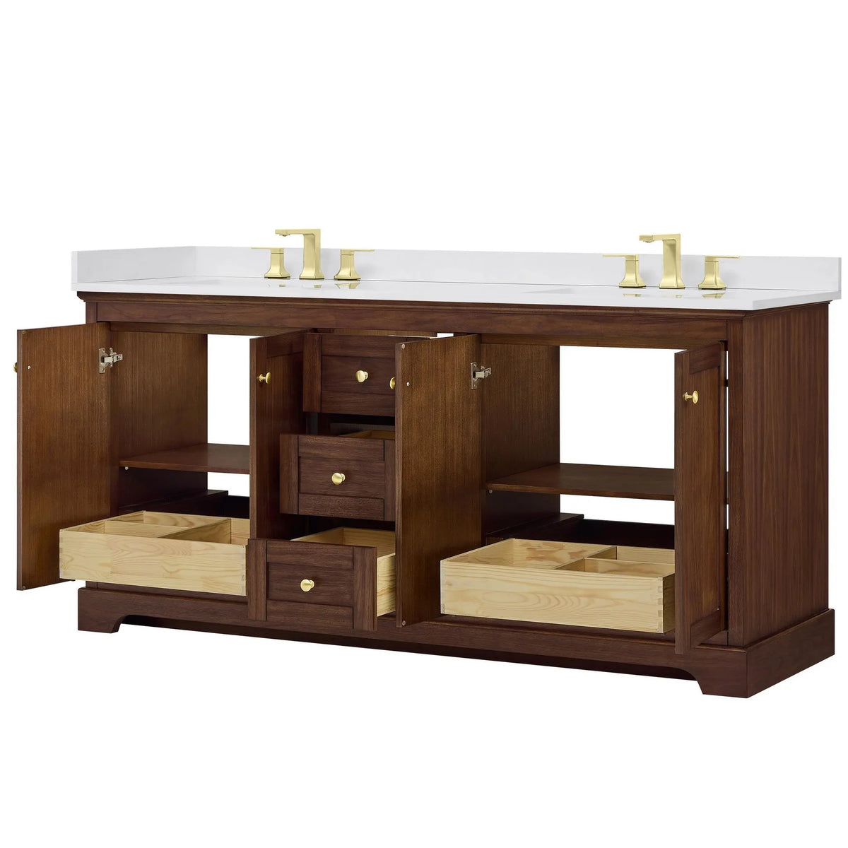 72" Avery Double Bathroom Vanity Dark Walnut Brushed Gold Trim by wyndham View 18