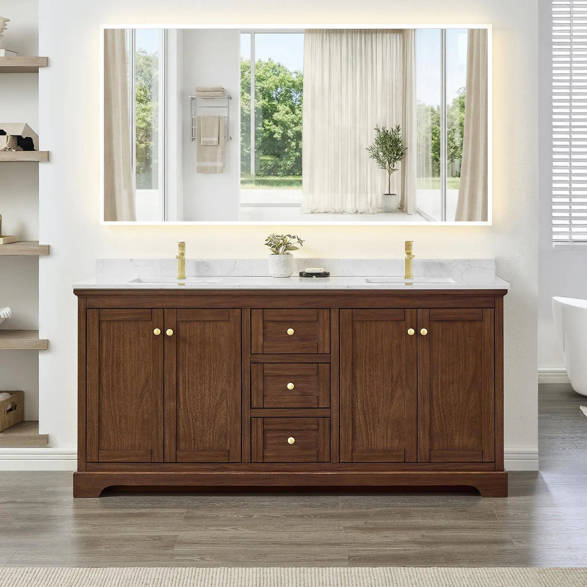 72" Avery Double Bathroom Vanity Dark Walnut Brushed Gold Trim by wyndham View 4