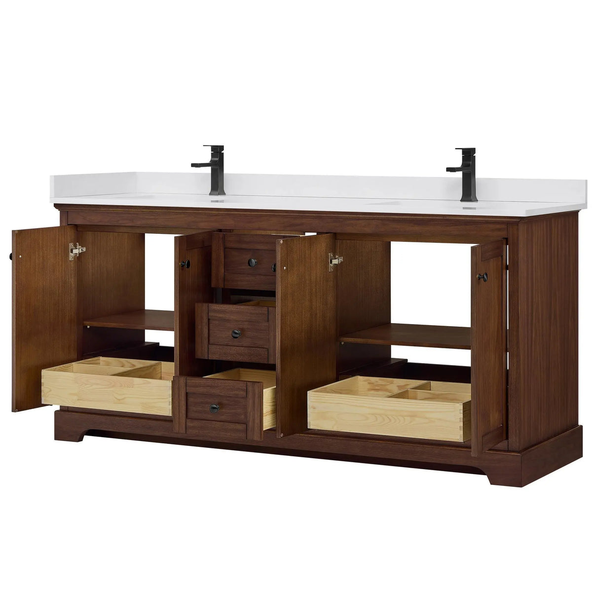 72" Avery Double Bathroom Vanity Dark Walnut Matte Black Trim by wyndham View 8