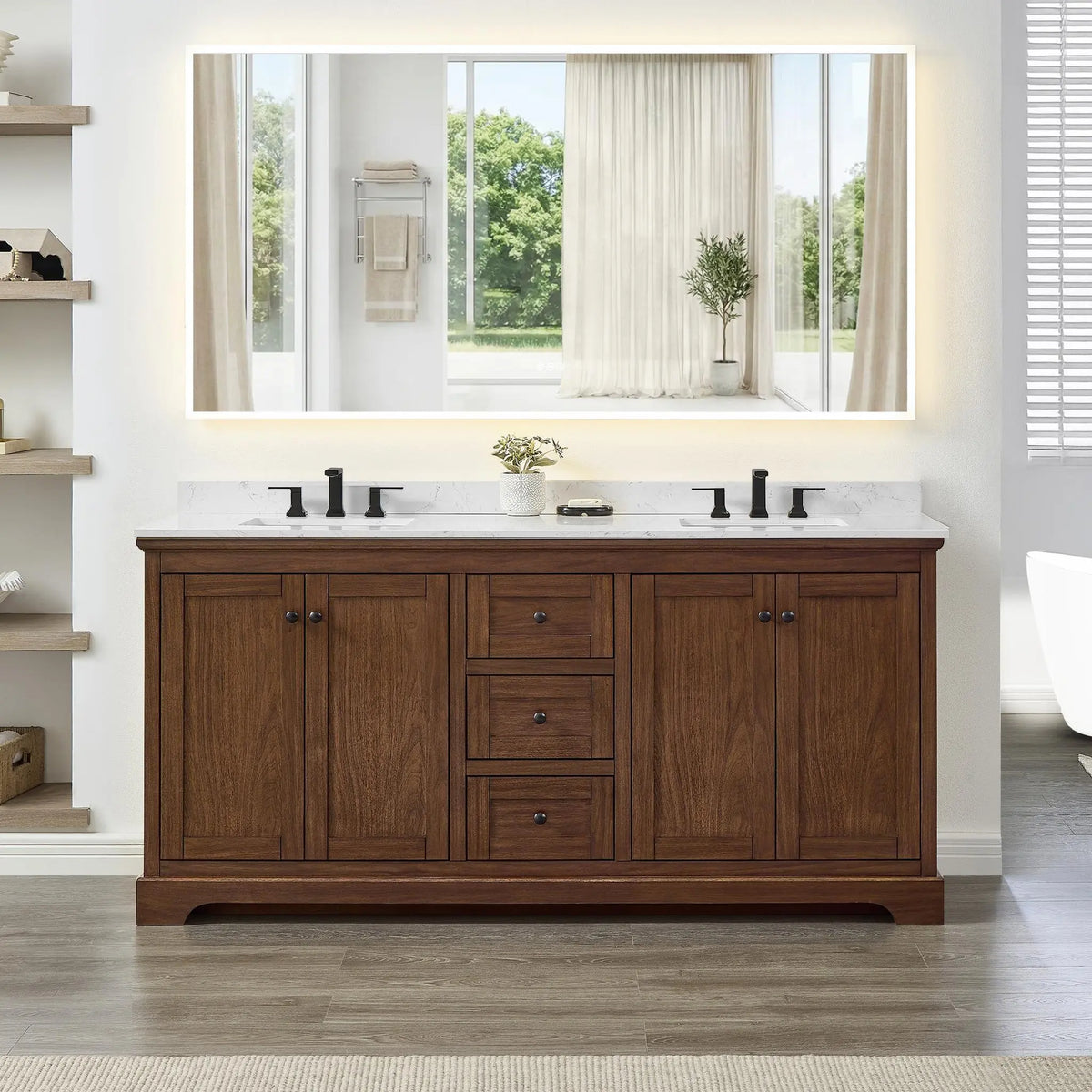 72" Avery Double Bathroom Vanity Dark Walnut Matte Black Trim by wyndham View 14