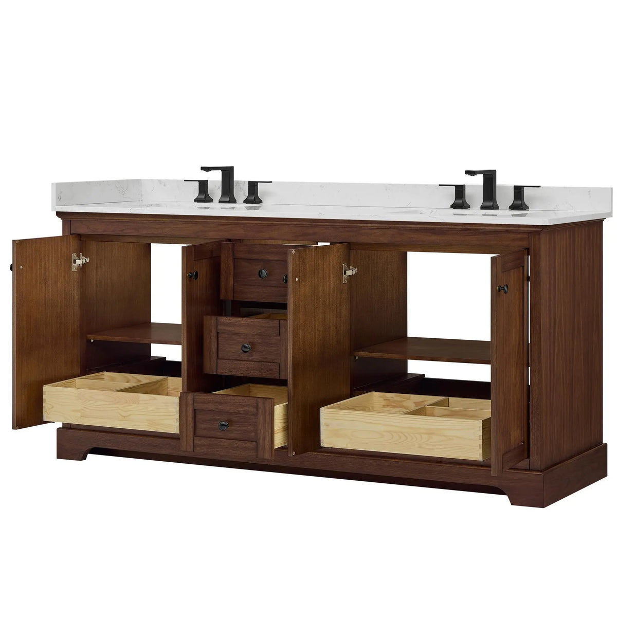 72" Avery Double Bathroom Vanity Dark Walnut Matte Black Trim by wyndham View 13