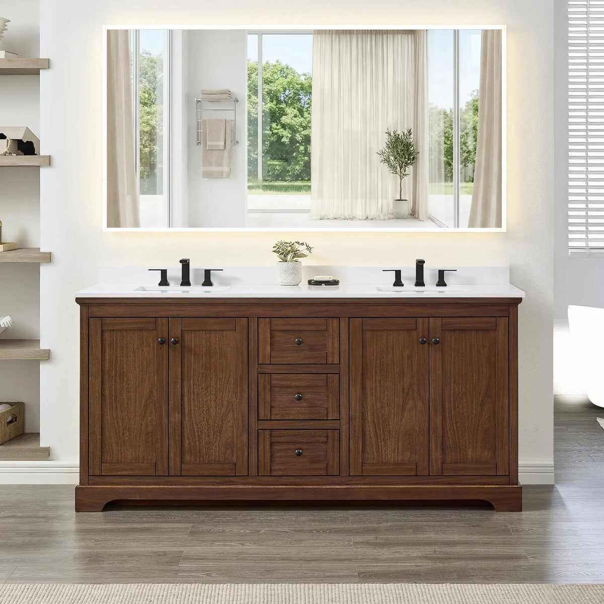 72" Avery Double Bathroom Vanity Dark Walnut Matte Black Trim by wyndham View 19