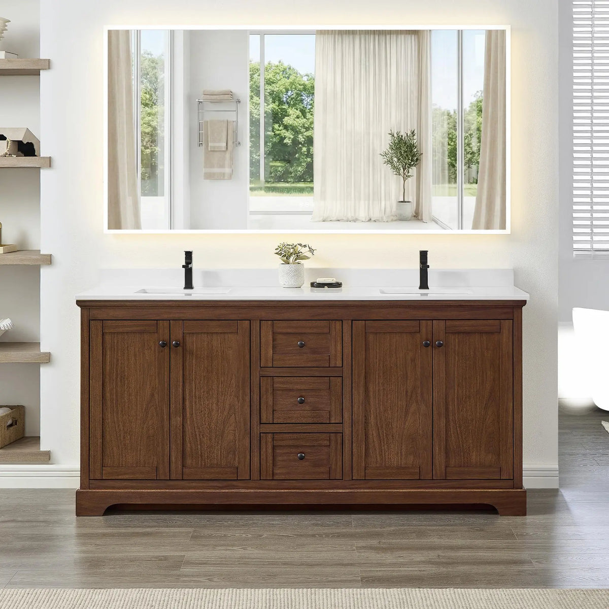 72" Avery Double Bathroom Vanity Dark Walnut Matte Black Trim by wyndham View 24