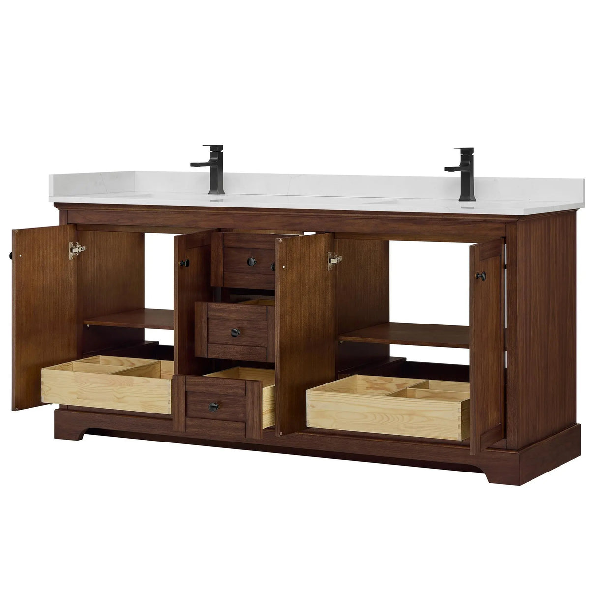 72" Avery Double Bathroom Vanity Dark Walnut Matte Black Trim by wyndham View 28