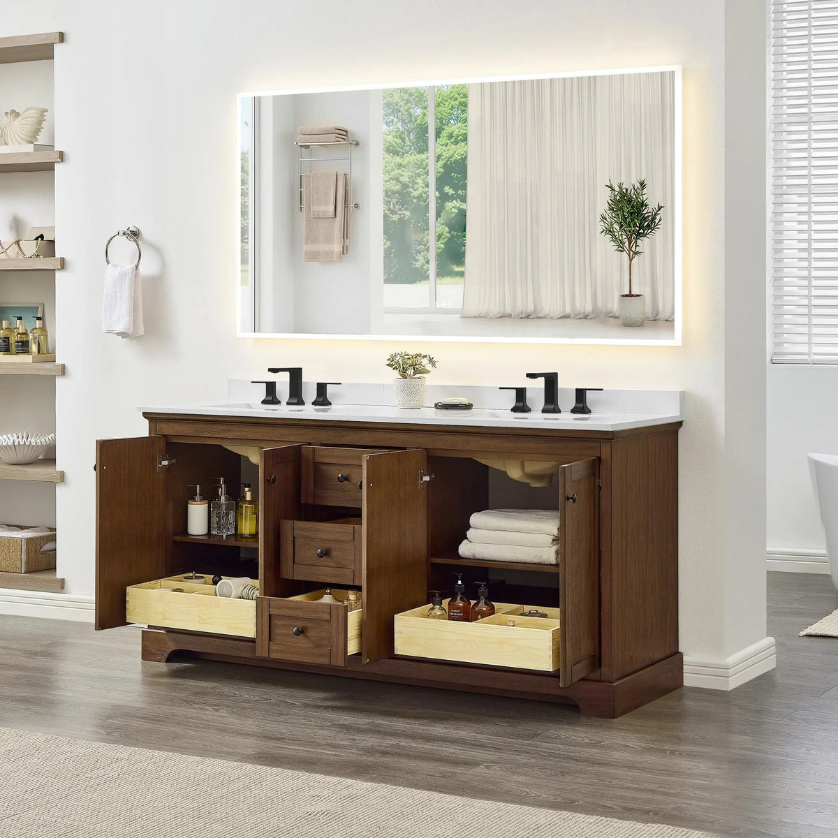 72" Avery Double Bathroom Vanity Dark Walnut Matte Black Trim by wyndham View 37